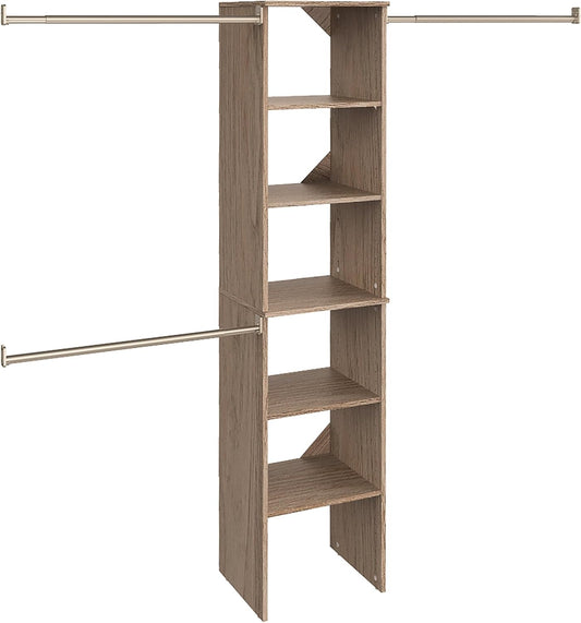 NEW w/ dmg - ClosetMaid SuiteSymphony Wood Closet Organizer Starter Kit with Tower and 3 Hang Rods Shelves, Adjustable, Fits Spaces 4 – 9 ft. Wide, Natural Gray, 16"