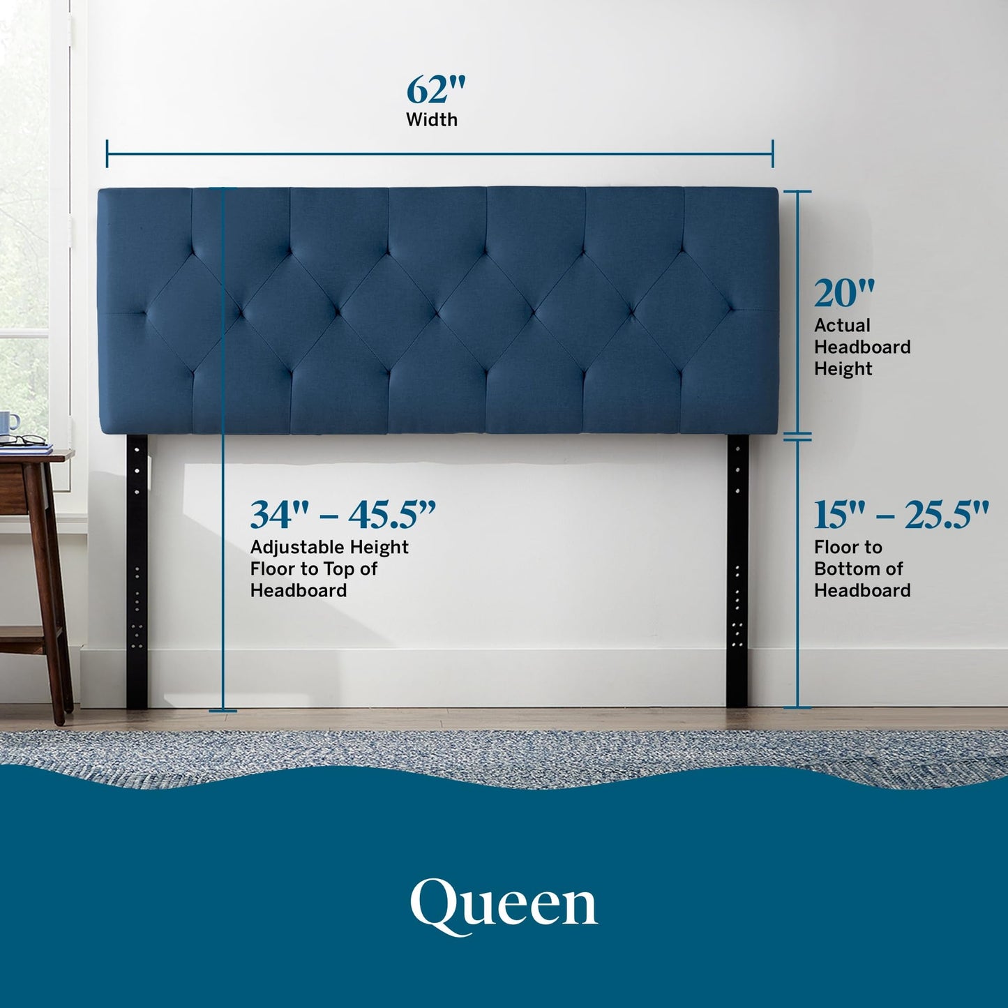 Lucid Mid-Rise Upholstered Headboard - Diamond Tufted - Padded Polyester Bed Frame or Wall Mount - Queen Size