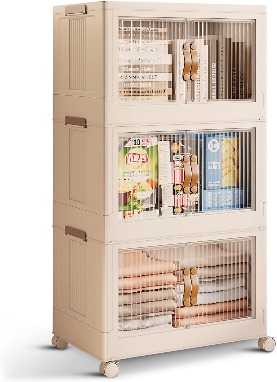 3 Pack Stackable Storage Bins with Lids 21 GAL - Collapsible Storage Bins Open Front & Top Home Closet Storage Organization, Plastic Foldable Clothes Storage Cabinet with 360° Wheels, White 84.5 QT