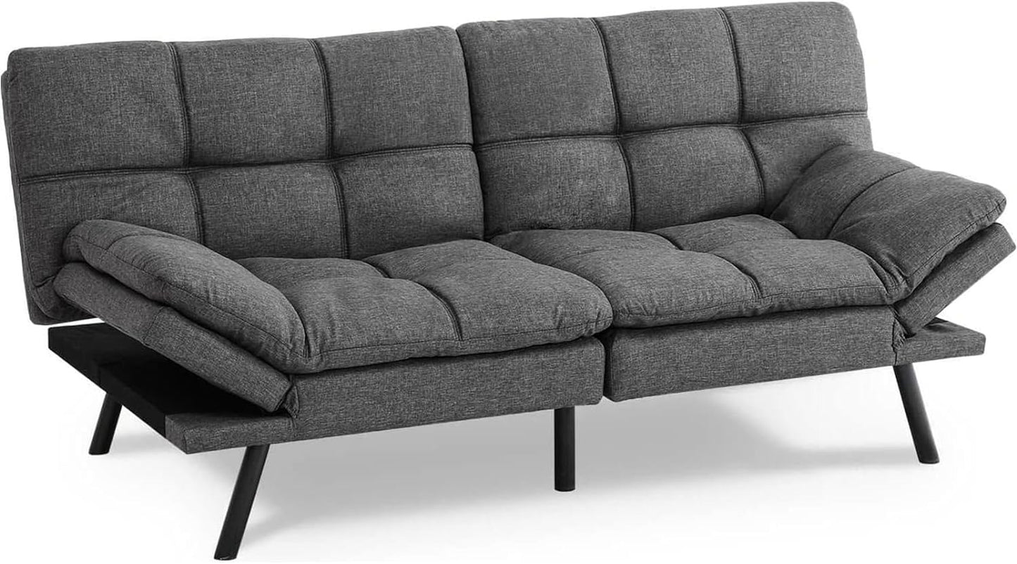 NEW - Sweetcrispy Sofa Bed Couch, Loveseat Sleeper Futon for Living Room, Foldable Memory Foam Furniture, Convertible Full Size Sofa, Adjustable Backrest and Armrests,Linen, Grey - Retail $291