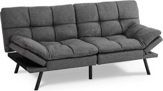 NEW - Sweetcrispy Sofa Bed Couch, Loveseat Sleeper Futon for Living Room, Foldable Memory Foam Furniture, Convertible Full Size Sofa, Adjustable Backrest and Armrests,Linen, Grey - Retail $291