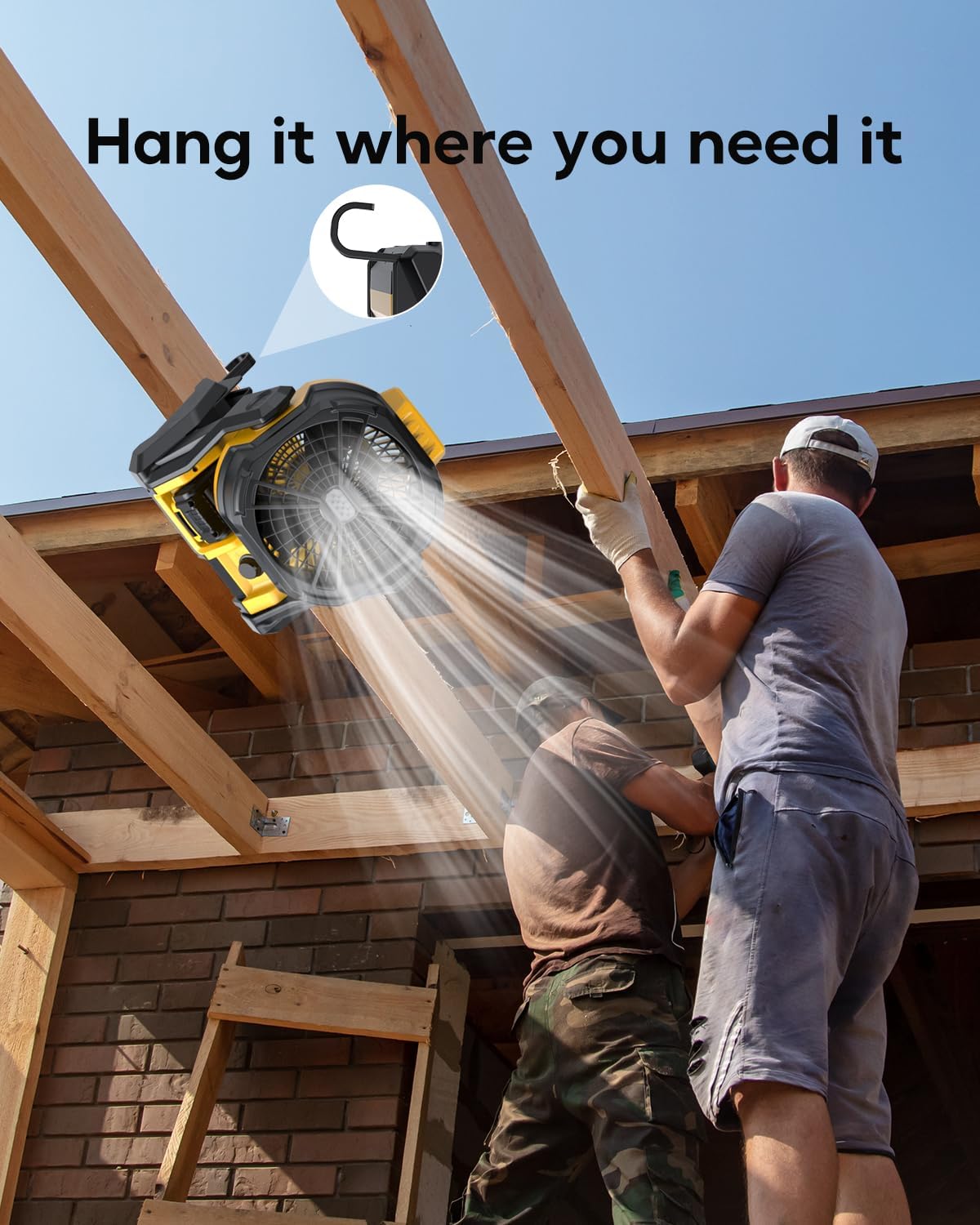 Battery Operated Fan, for DeWalt 20V Max Battery, Camping Fan Cordless, Option for Corded, with LED Lights, Variable Speed, Hook for Hanging, for Jobsite, Black(Battery Not Included)