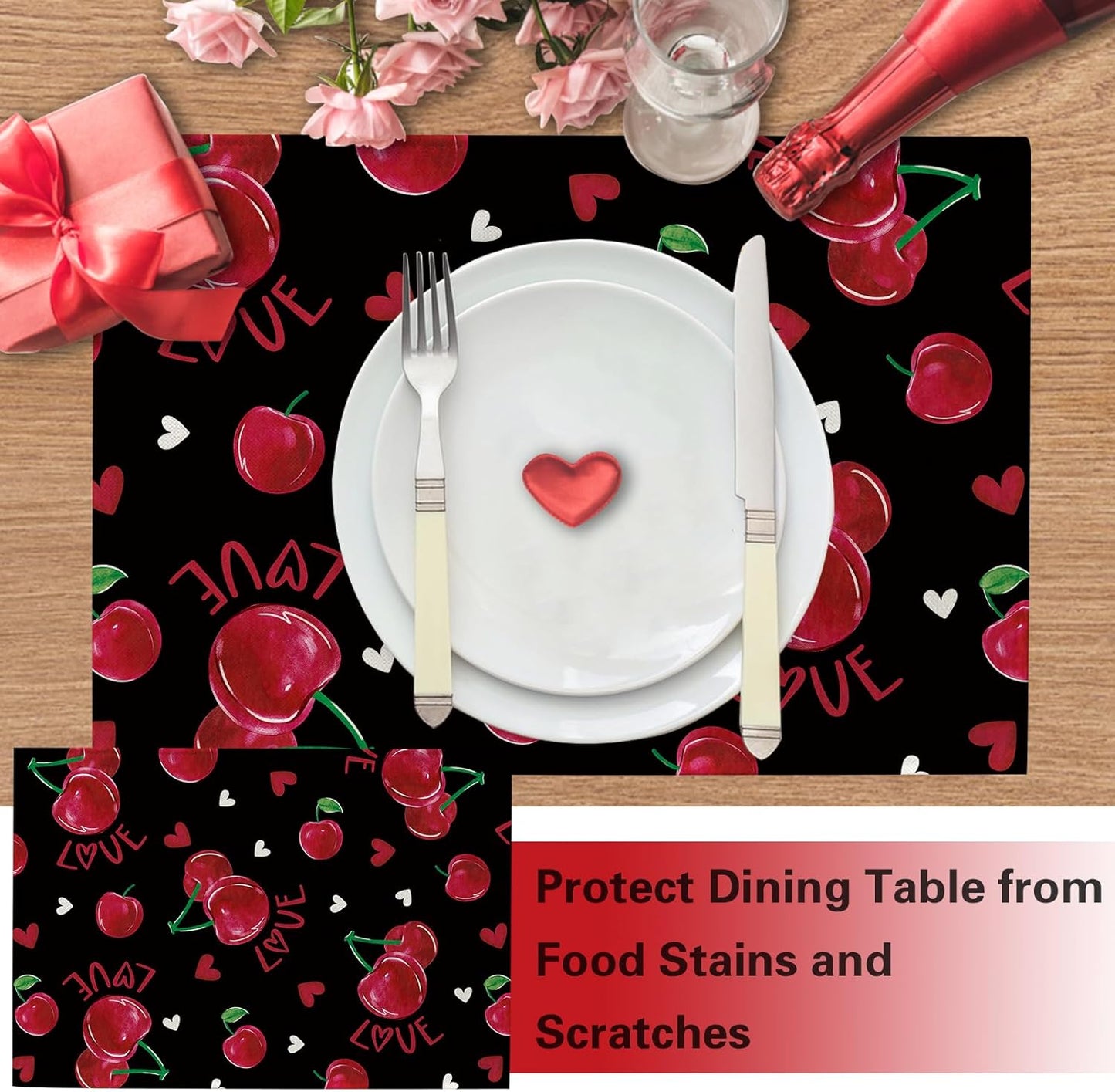 Valentines Day Cherry Black Placemats Set of 4, Love Hearts Dining Place Mats Table Decor, Anniversary Wedding Home Kitchen Decoration 12 x 18 Inch