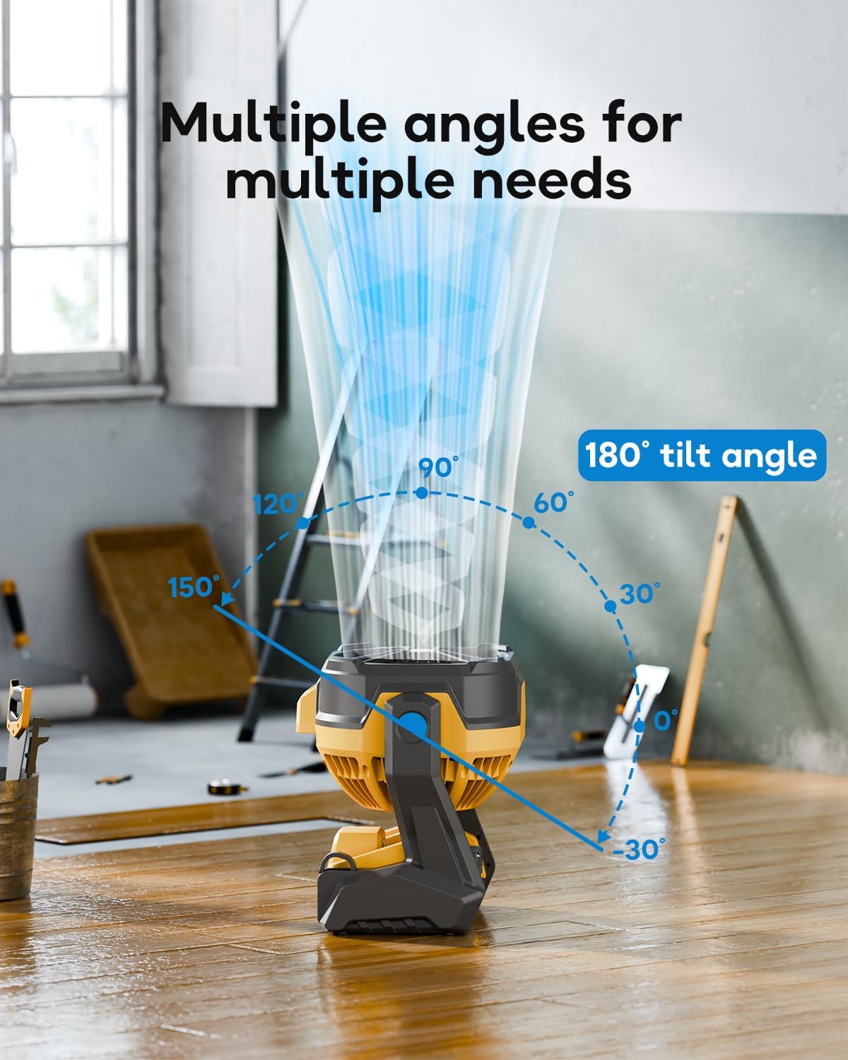 Battery Operated Fan, for DeWalt 20V Max Battery, Camping Fan Cordless, Option for Corded, with LED Lights, Variable Speed, Hook for Hanging, for Jobsite, Black(Battery Not Included)