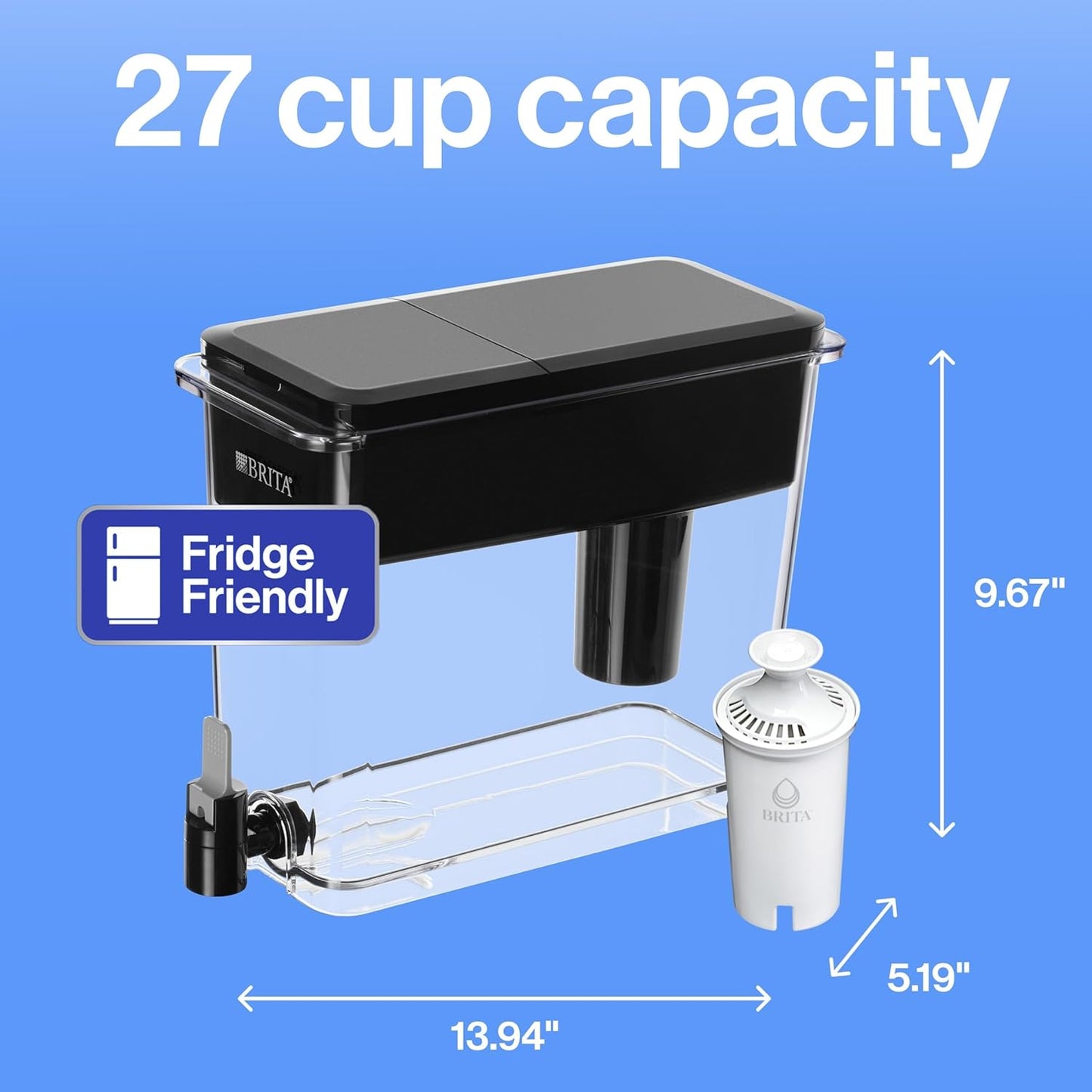 NEW - Brita UltraMax Large Water Dispenser With Standard Filter, BPA-Free, Reduces Copper, Cadmium and Mercury Impurities, Lasts 2 Months or 40 Gallons, Includes 1 Filter, Kitchen Accessories, Large 27-Cup