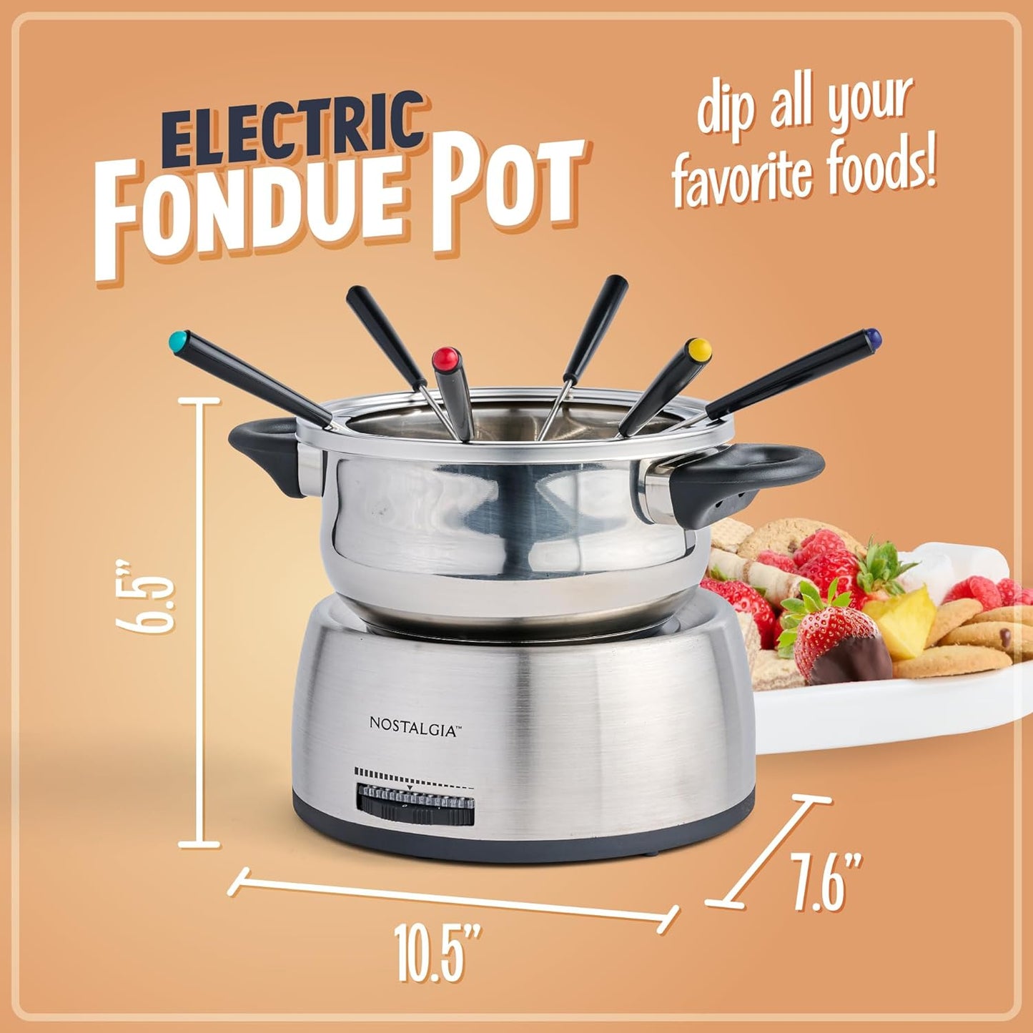 Nostalgia 6-Cup Electric Fondue Pot Set for Cheese & Chocolate - 6 Color-Coded Forks, Adjustable Temperature Control - Stylish Serving for Hors d'Oeuvres, Entrees, and Desserts - Stainless Steel - Retail $37