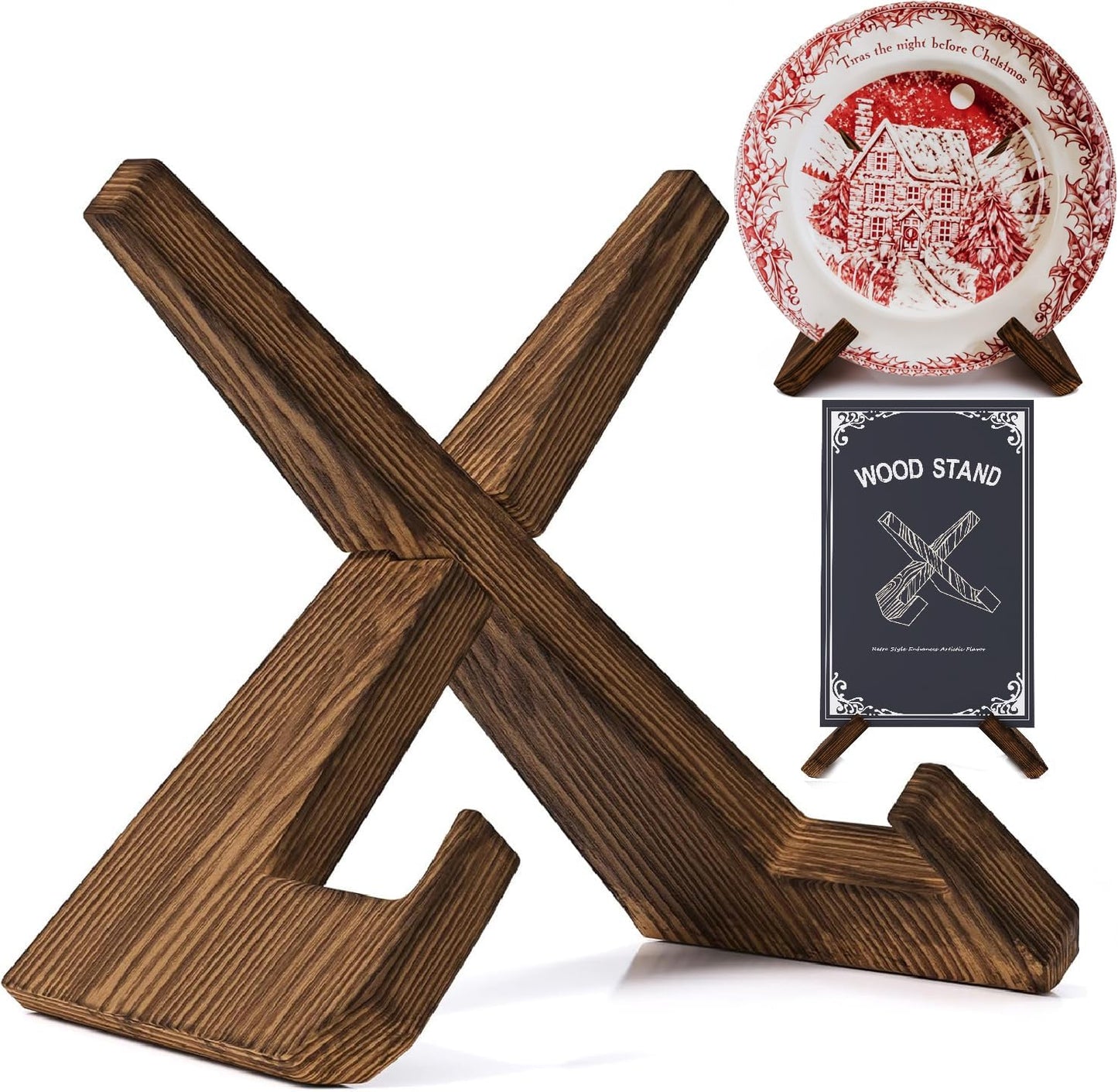 Wooden Plate Stands for Display, Wood Plate Holders for Displaying, Decorative Picture Frame Stand, Easel for Sign, Cookbook, Now Playing Vinyl Record, Recipe Book Holder for Photo, Plaque, Platter