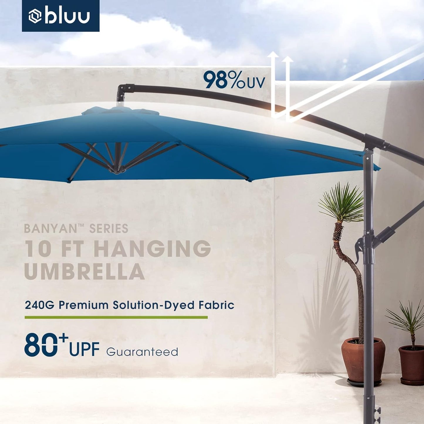 NEW - BLUU BANYAN 10 FT Patio Offset Umbrella Outdoor Cantilever Umbrella Hanging Umbrellas, 24 Month Fade Resistance & Water-repellent UV Protection Solution-dyed Fabric Canopy with Infinite Tilt, Crank & Cross Base (Royal Blue) - Retail $139