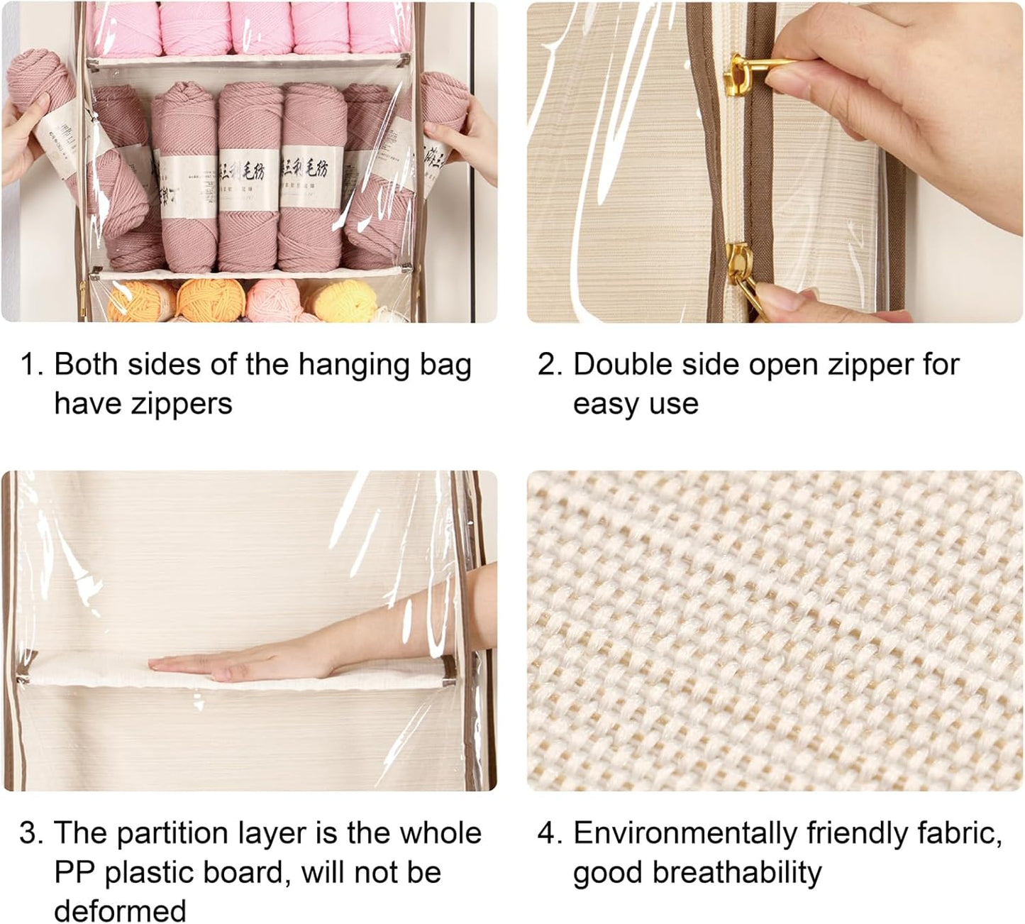 Hanging Yarn Storage with 4 Large Pockets, Clear Knitting Organizer Storage with Zippers for Crochet Lovers, Hanging Yarn Holder with Over-Door Hooks for Knitting Needles Crochet Hooks