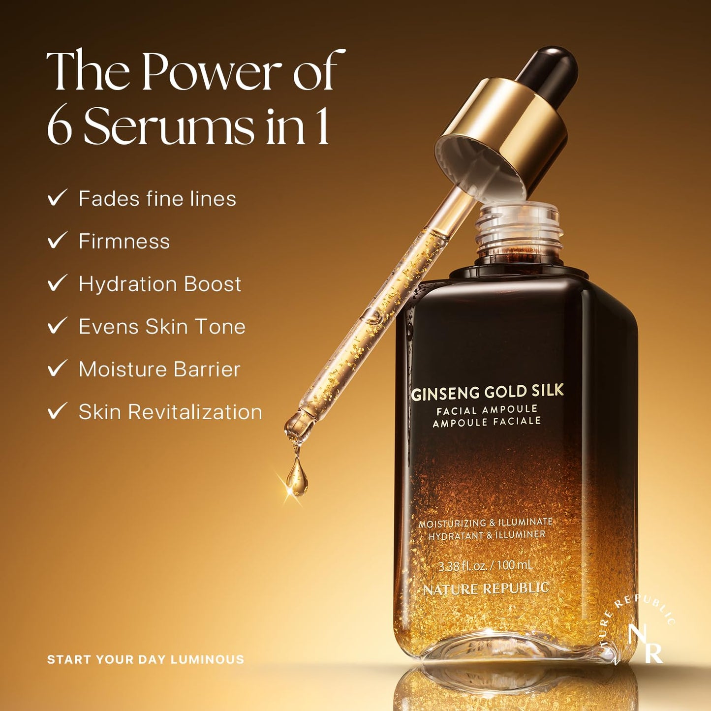 Nature Republic Ginseng Gold Silk Facial Ampoule, Hydrating moisturizer for face, Niacinamide & Silk Amino Acid, Royal Jelly Extract, Korean Skin Care for all skin types 100 ml / 3.38 Fl. oz.