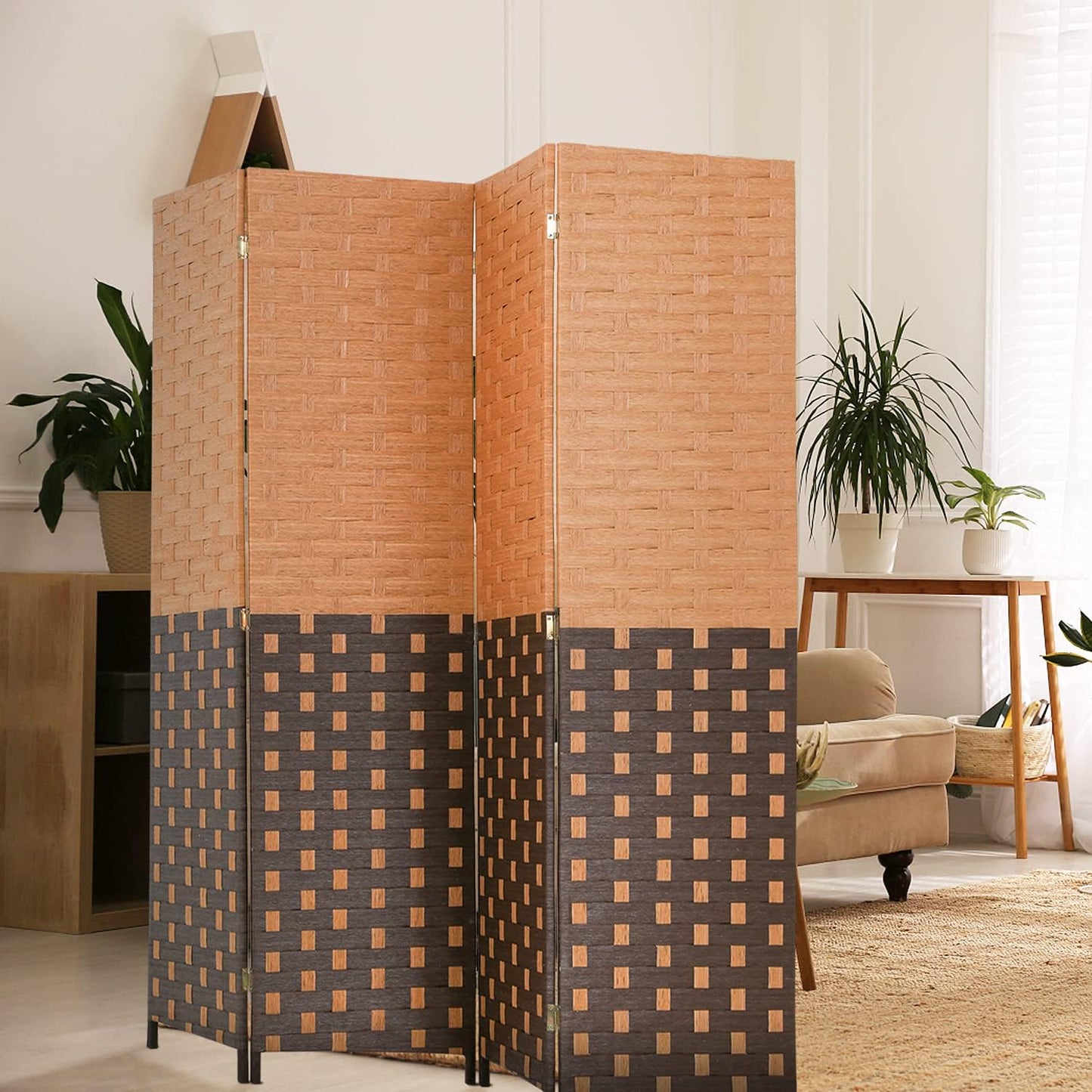 NEW - Room Divider Wood Screen 4 Panel Wood Mesh Woven Design Room Screen Divider Folding Portable Partition Screen Screen Wood for Home Office (CM) - Retail $70