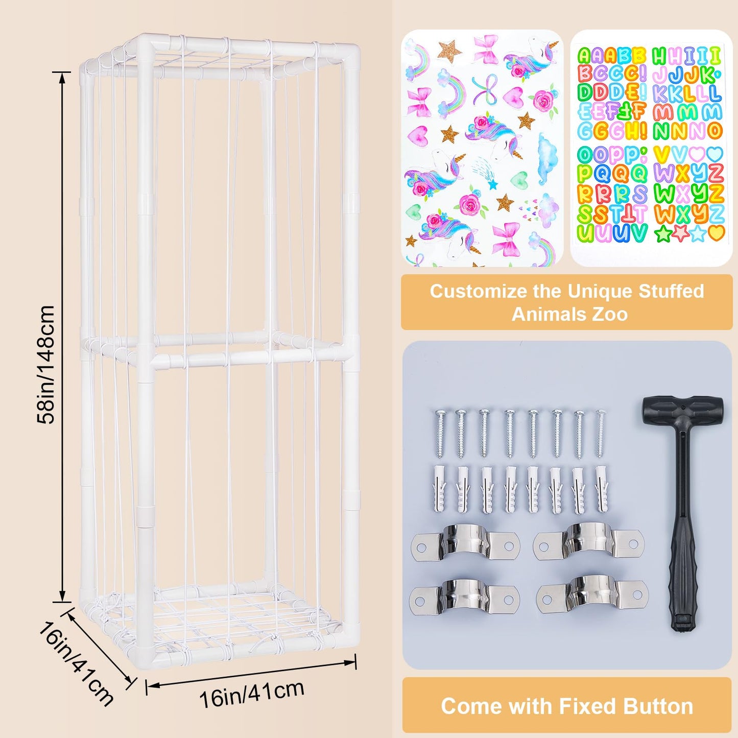 FIOBEE Stuffed Animals Storage Zoo Thicken PVC Tube Kids Toy Storage Organizer with Elastic Band Large Stuffed Animals Holder for Nursery Playroom Bedroom Room Furniture Plush Storage, White