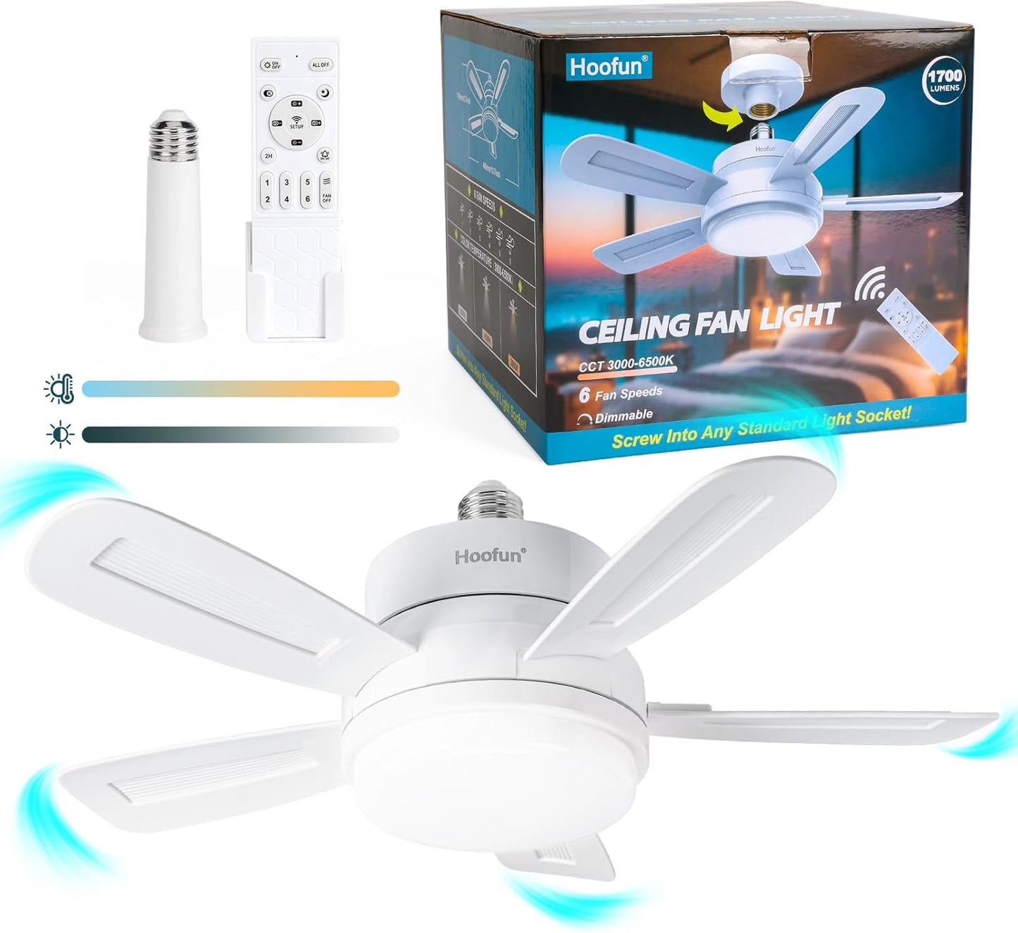 15.7" Socket Fan with Light and Remote, 3000K-6500K, 1700LM, Wireless Screw in Light Socket Fan for Bedroom, Kitchen, Living Room, Garage, E26 Base