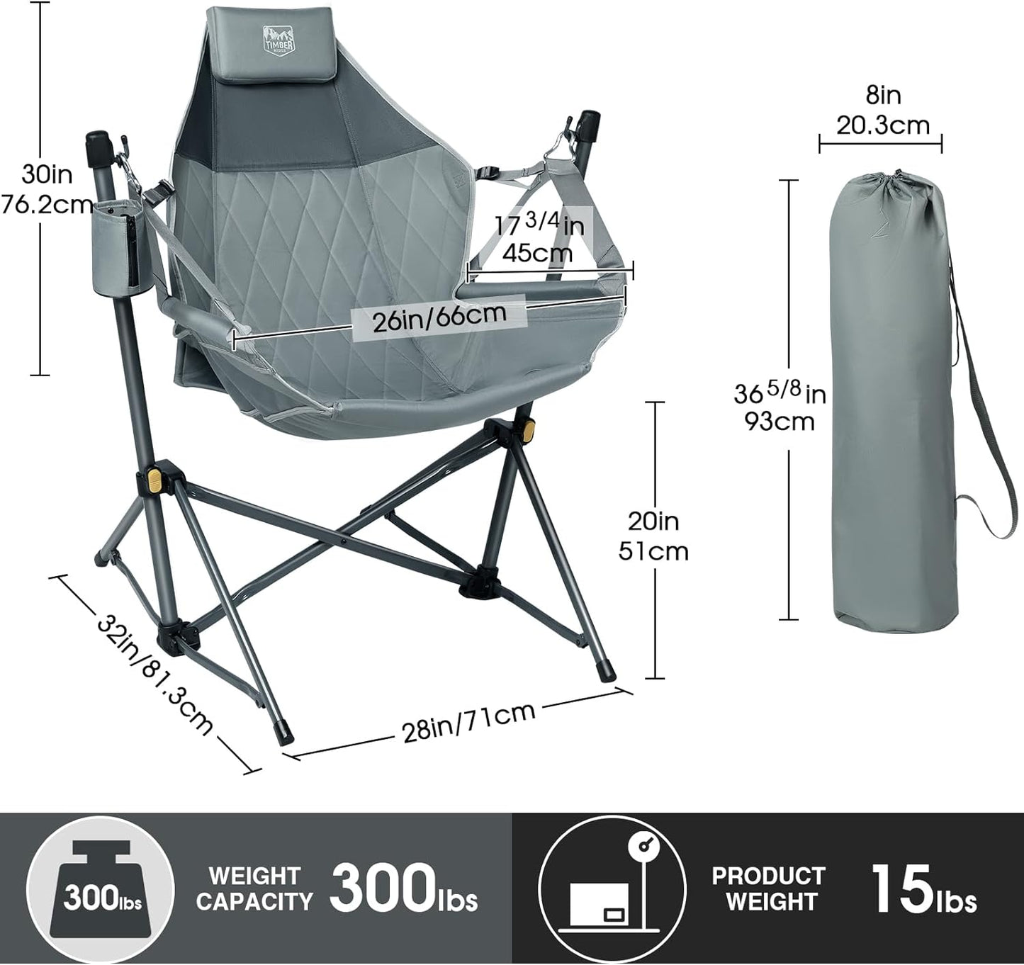 NEW - TIMBER RIDGE Hammock Camping Chair with Adjustable Backrest, Heavy Duty Folding Hammock Chair Supports 300lbs, Portable Hammock Chair for Camping, Travelling and Patio, Grey - Retail $79