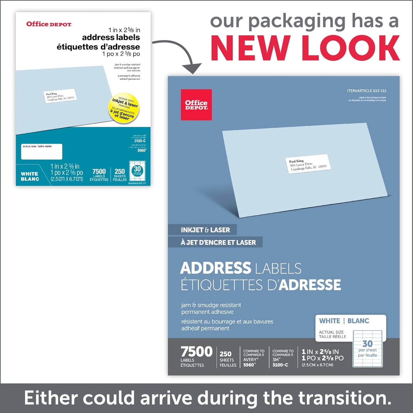 Office Depot White Inkjet/Laser Address Labels, 1in. x 2 5/8in., Box Of 7,500