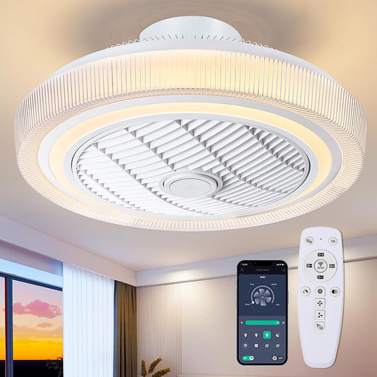 Mpayel Low Profile Ceiling Fan - Flush Mount Bladeless Ceiling Fan-20 Smart Bladeless Ceiling Fans with Light and Remote，Stepless Dimming LED for Bedroom, Kitchen(White)…… - Retail $99