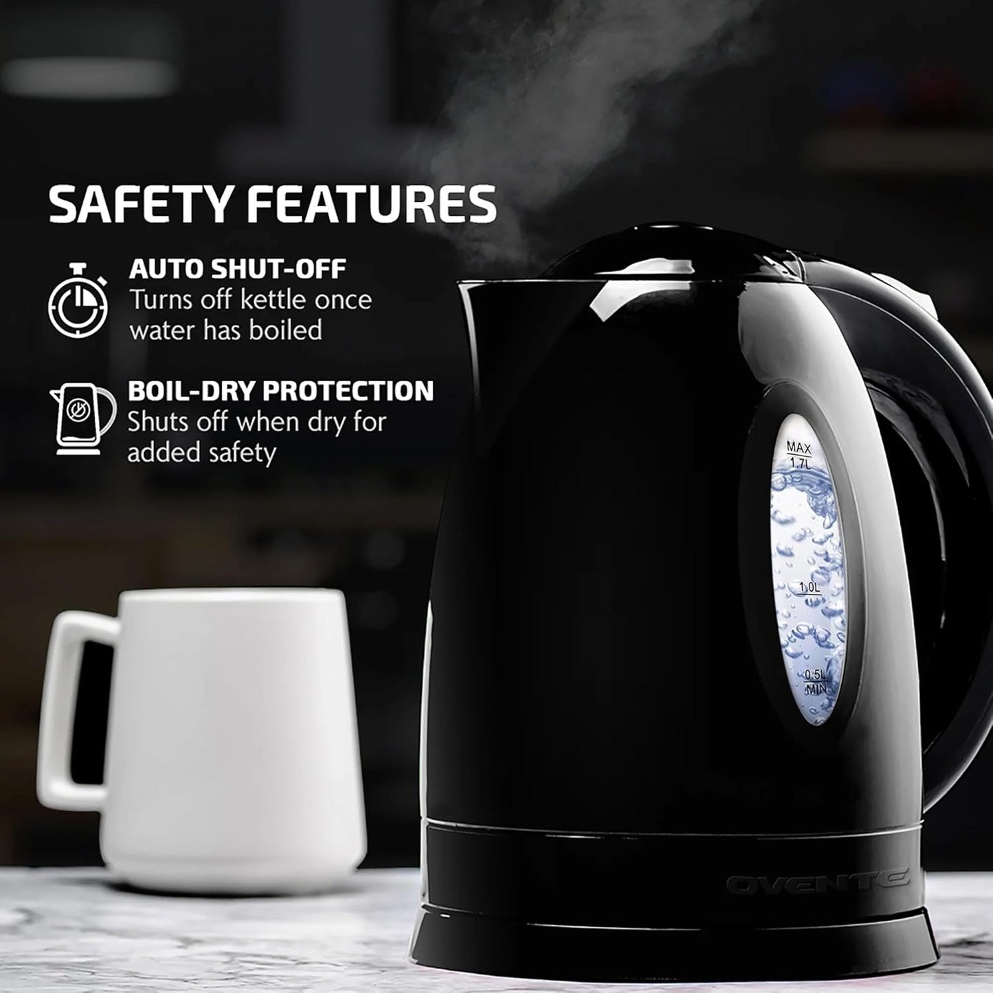OVENTE Electric Kettle, 1.7L Fast Boiling Water Heater for Coffee or Tea, BPA Free with Water Level Gauge, Auto Shut-Off, Boil-Dry Protection, Indicator Light and Removable Filter, Black KP72B
