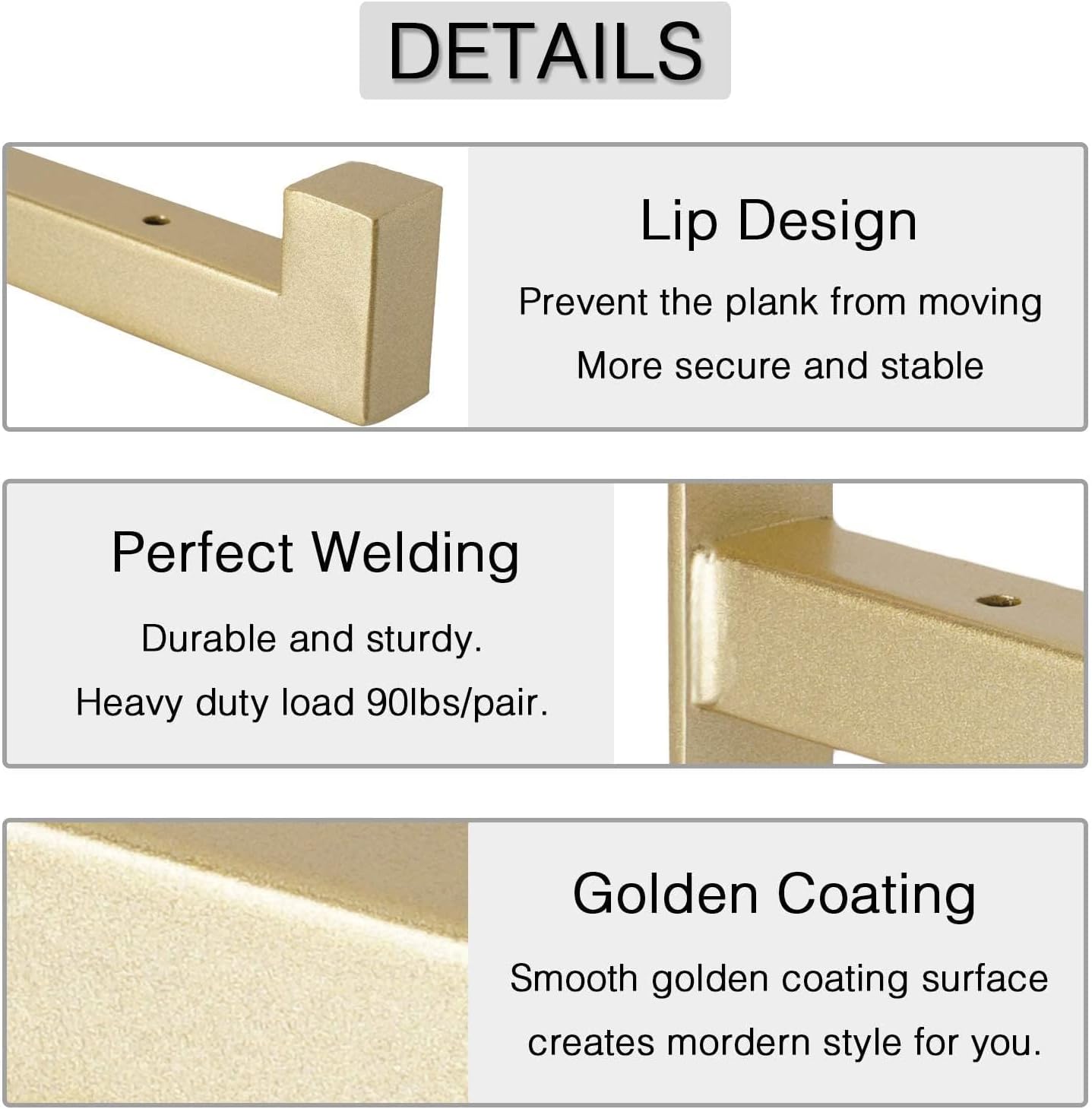 OVOV 4 Pcs Heavy Duty Shelf Brackets Wall Mounted Industrial Metal Shelf Supports (Gold) 10"