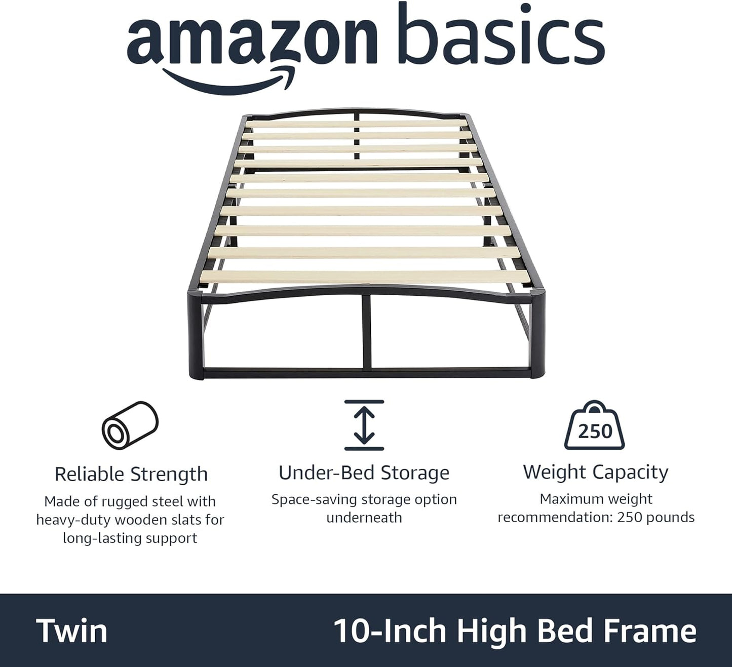 NEW - Amazon Basics Twin Metal Platform Bed Frame with Wood Slat Support, 10 Inches High, Black - Retail $106