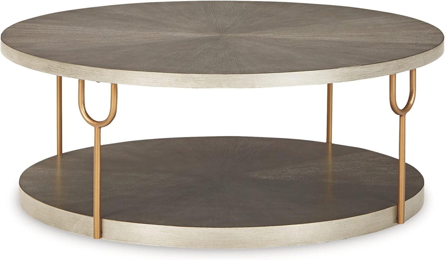 Signature Design by Ashley Ranoka Contemporary Round 42" Coffee Table, Metallic & Goldtone Finish - Retail $199
