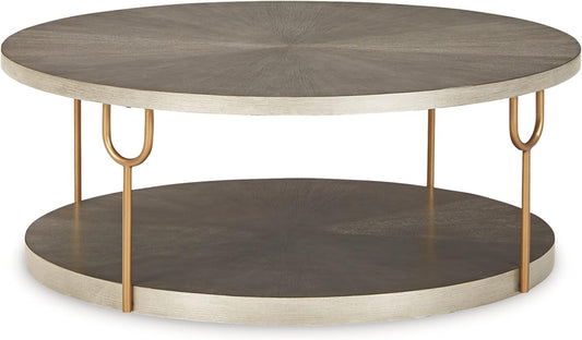 Signature Design by Ashley Ranoka Contemporary Round 42" Coffee Table, Metallic & Goldtone Finish - Retail $199