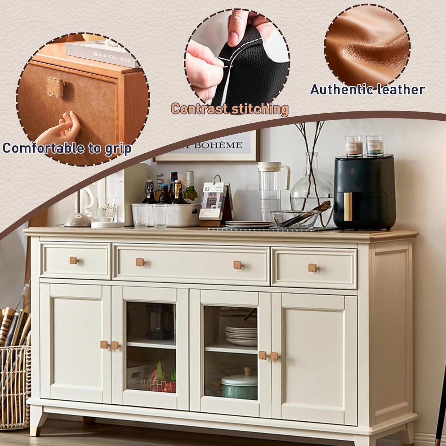 2 Pack Leather Cabinet Handle Pulls 5” Hand-Stitch Brown Leather Drawer Pulls Dresser Handle Pulls for Cabinets Cupboards Dressers Drawers Bedroom Leather Pulls