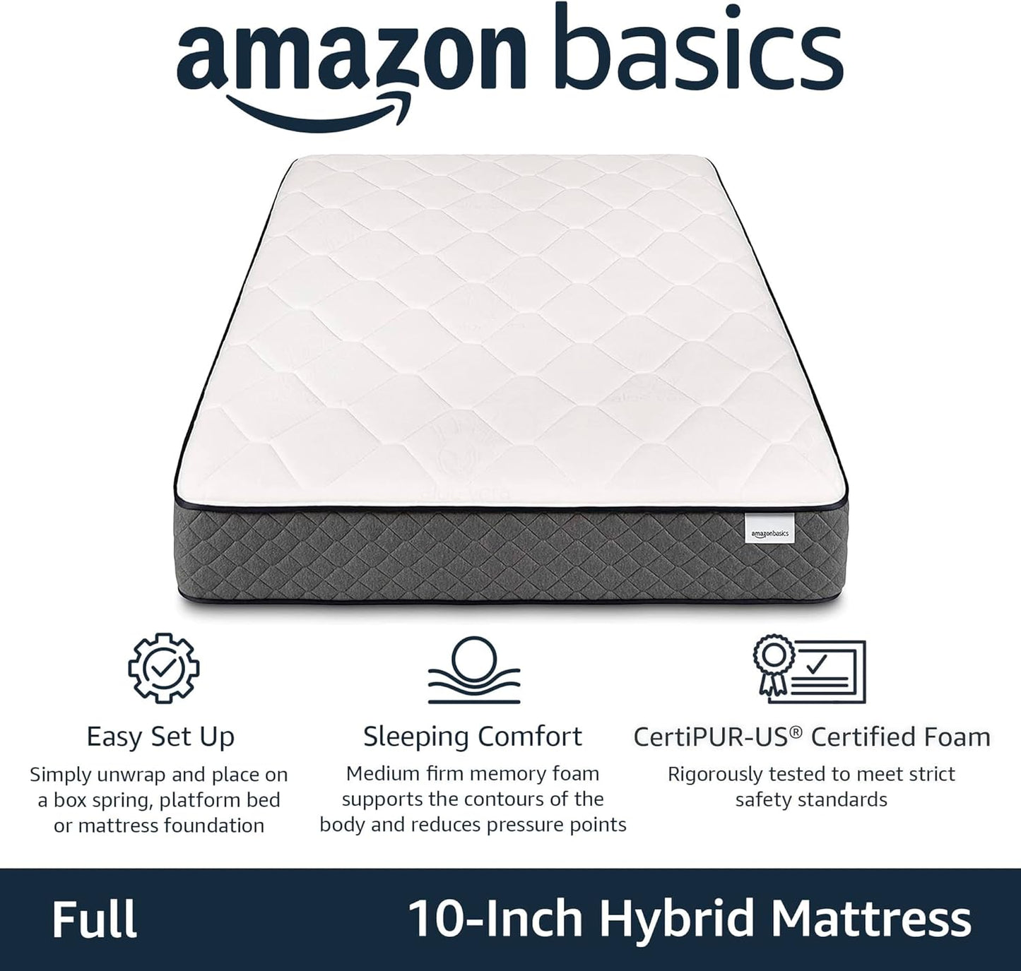 NEW - Amazon Basics FULL 10 Inch Hybrid Memory Foam Mattress, Medium Feel, Motion Isolation Springs, White/Gray - Retail $199