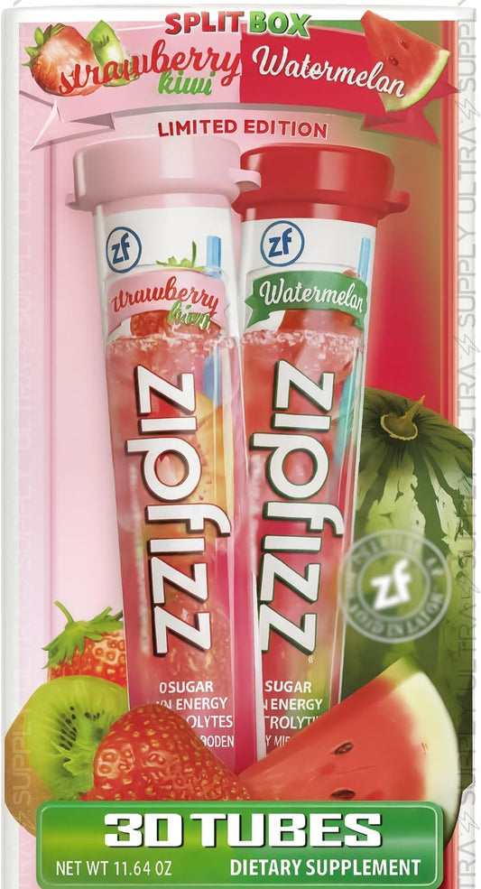 Zipfizz Vitamin Energy Hydration Drink Mix, Strawberry Kiwi & Watermelon Flavors, 30 Count (Split Box)