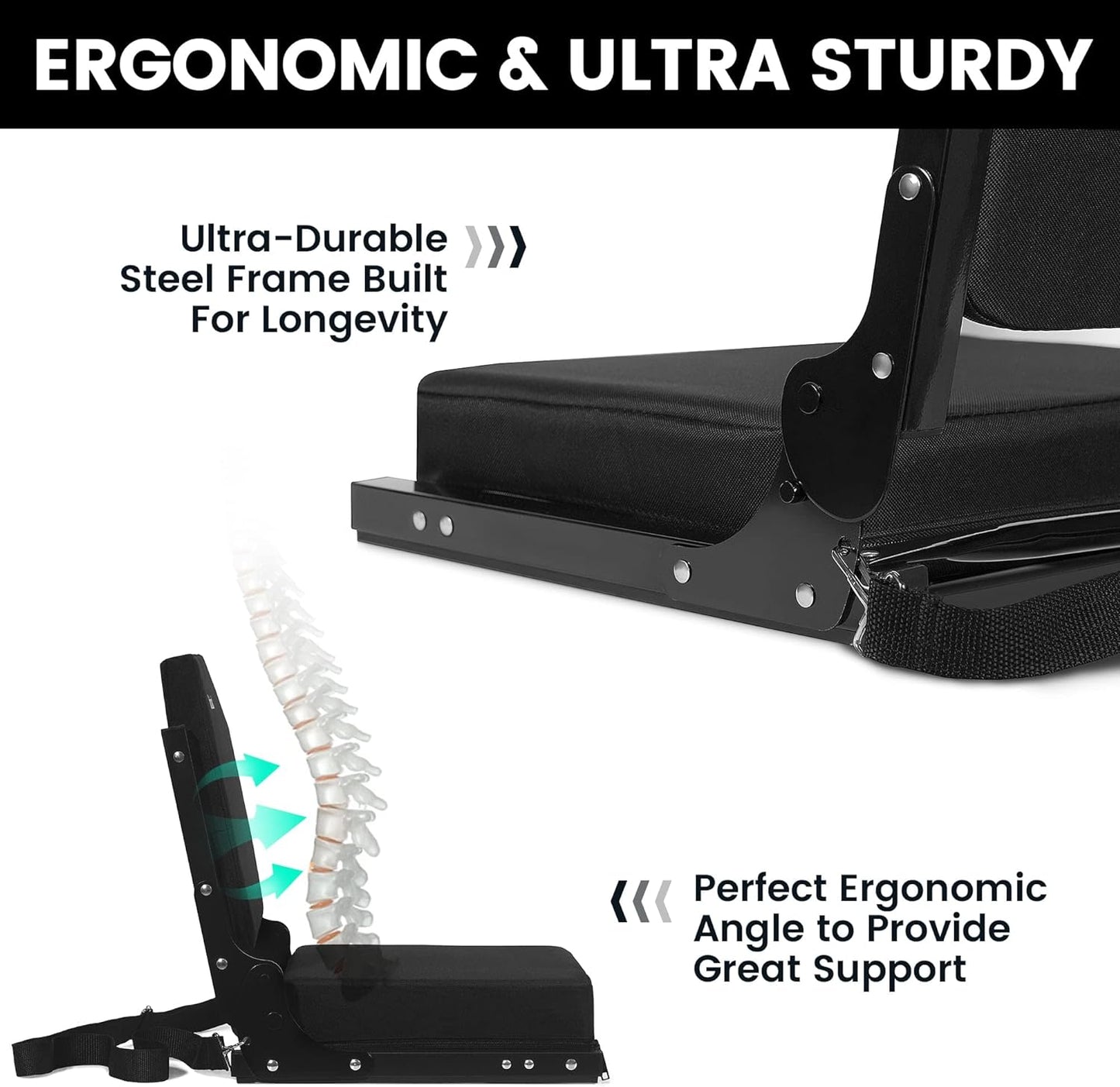 NEW - Jauntis Stadium Seats for Bleachers, Bleacher Seats with Ultra Padded Comfy Foam Backs and Cushion, Wide Portable Stadium Chairs with Back Support and Shoulder Strap, 2 Pack, Black - Retail $95