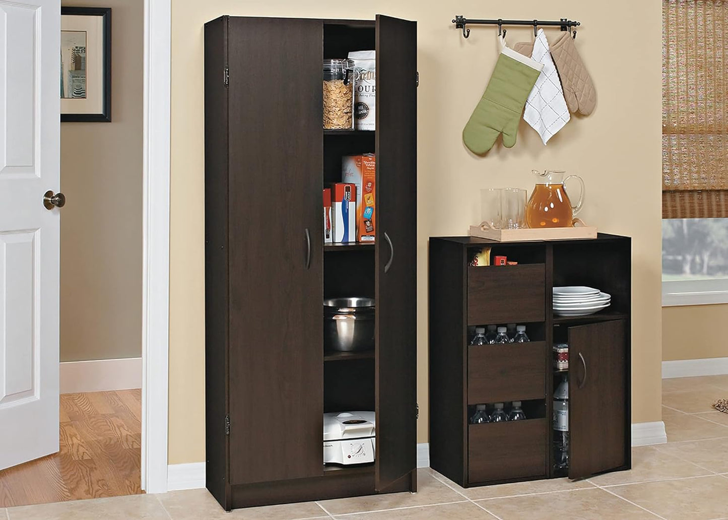 ClosetMaid Pantry Cabinet Cupboard with 2 Doors, Adjustable Shelves Standing, Storage for Kitchen, Laundry, or Utility Room, Espresso - Retail $165