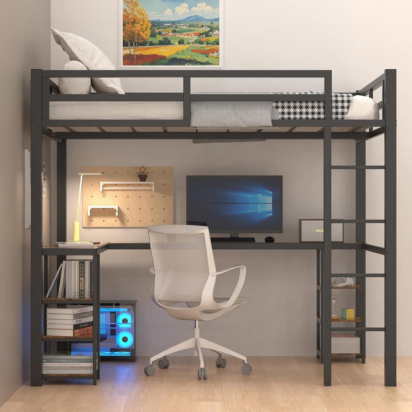 Heavy Duty Metal Full Size Loft Bed with Desk and Shelves, Loft Bed with Ladder and Guardrails, Loft Bed Frame for Bedroom, Black with Vintage Wood-Colored Desk and Open Storage Shelves