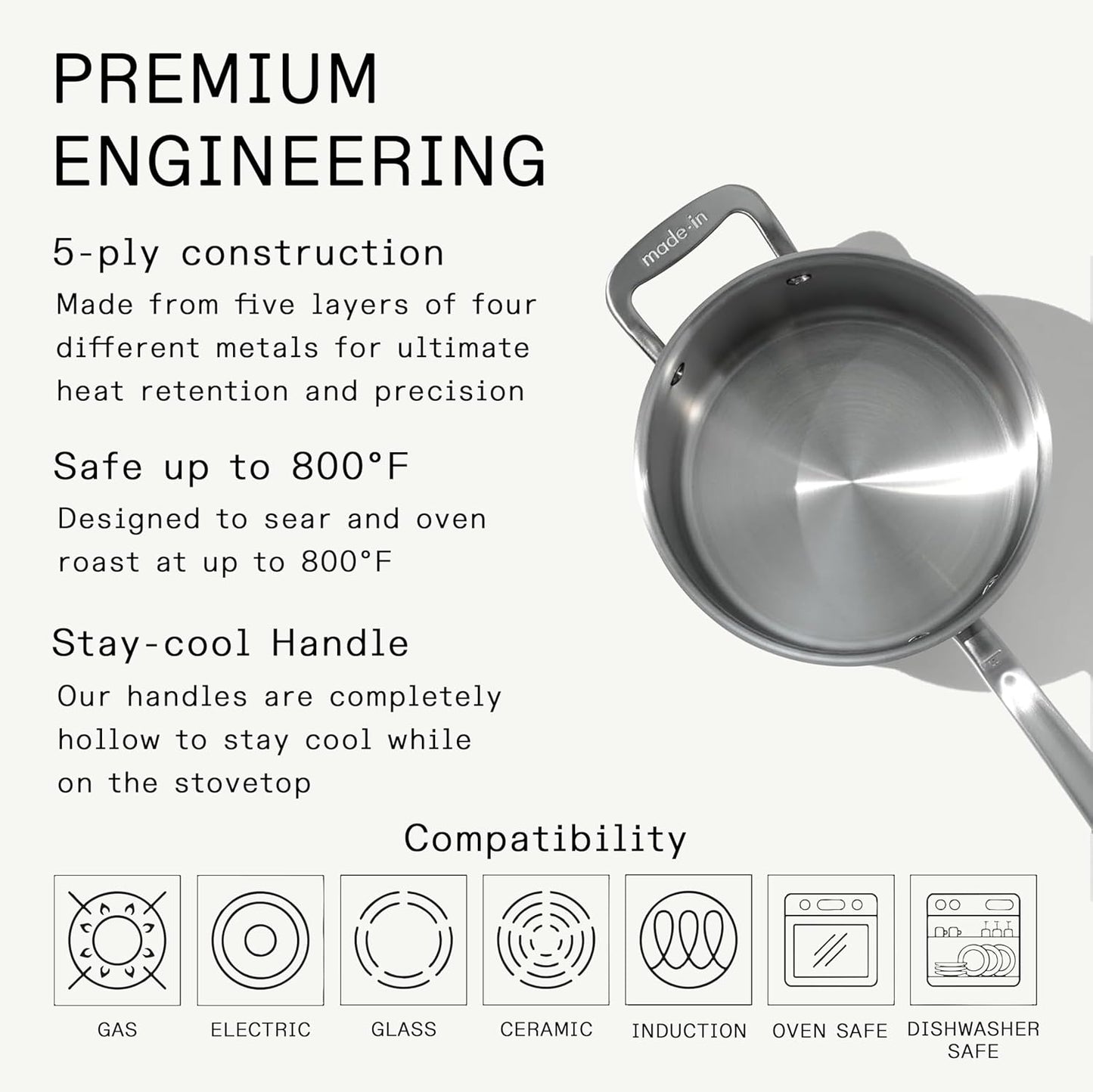 Made In Cookware - 4 Quart Stainless Steel Saucepan with Lid - 5 Ply Stainless Clad Sauce Pan - Professional Cookware - Crafted in Italy - Induction Compatible