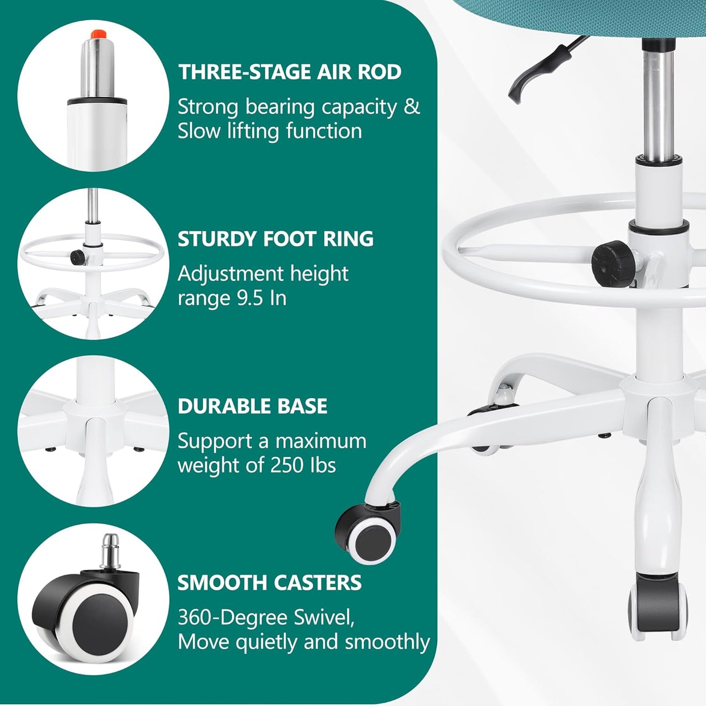 Primy Office Drafting Chair Armless, Tall Office Desk Chair Adjustable Height and Footring, Low-Back Ergonomic Standing Desk Chair Mesh Rolling Tall Chair for Art Room, Office or Home(Teal)
