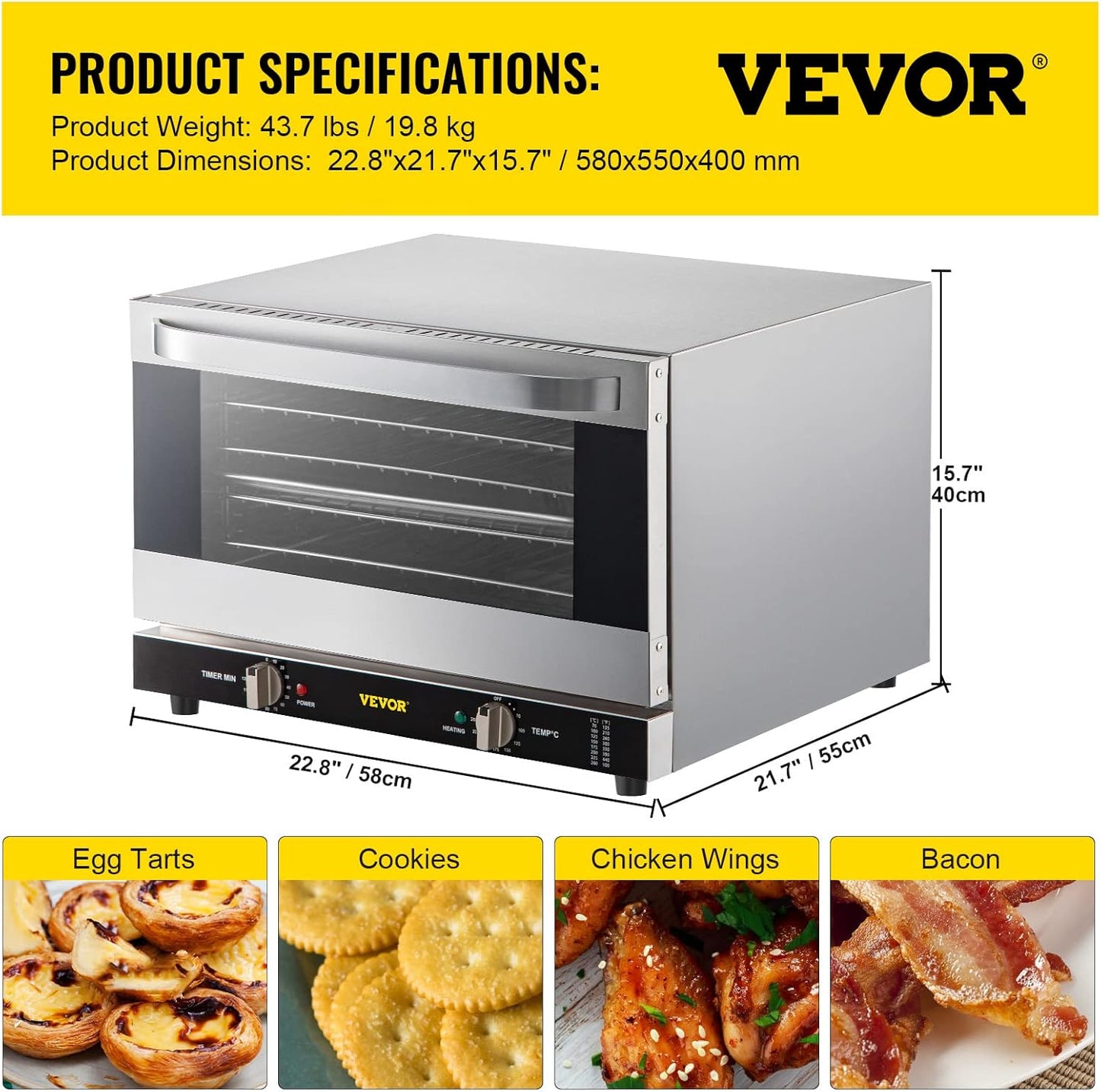 NEW - VEVOR Commercial Convection Oven, 47L, 1600W, 4-Tier Design, Glass Door, Countertop Size, Includes Racks & Trays