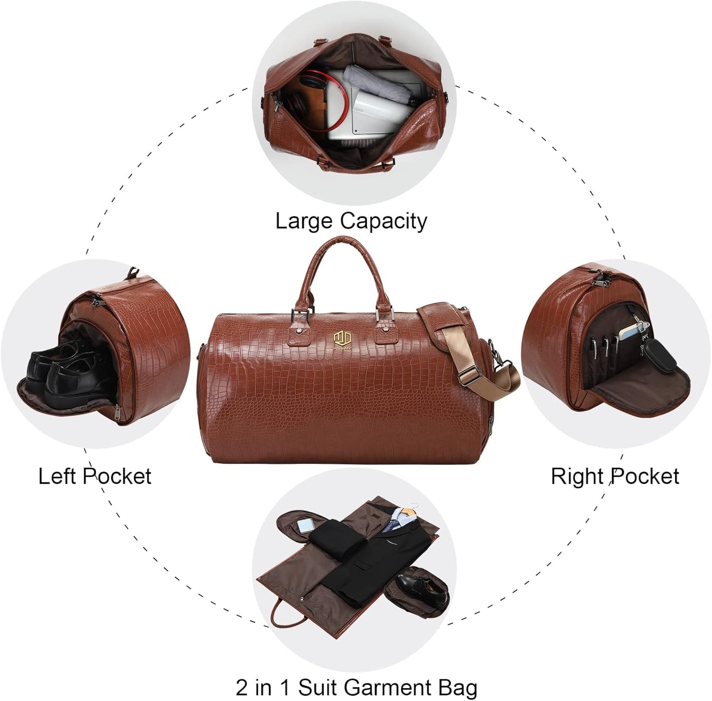 Modoker 2-in-1 Convertible Leather Garment Bag,Waterproof Carry On Garment Duffel for Business Travel,Hanging Suitcase with Shoulder Strap,Luggage for Men & Women, Light Brown