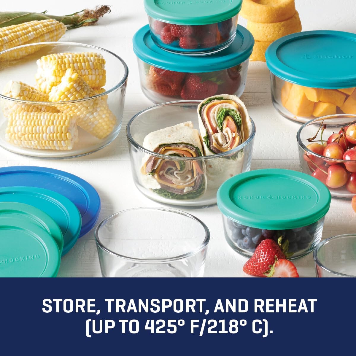 Anchor Hocking 18 Piece Glass Storage Containers with Lids (9 Glass Food Storage Containers & 9 Mixed Blue SnugFit Lids)