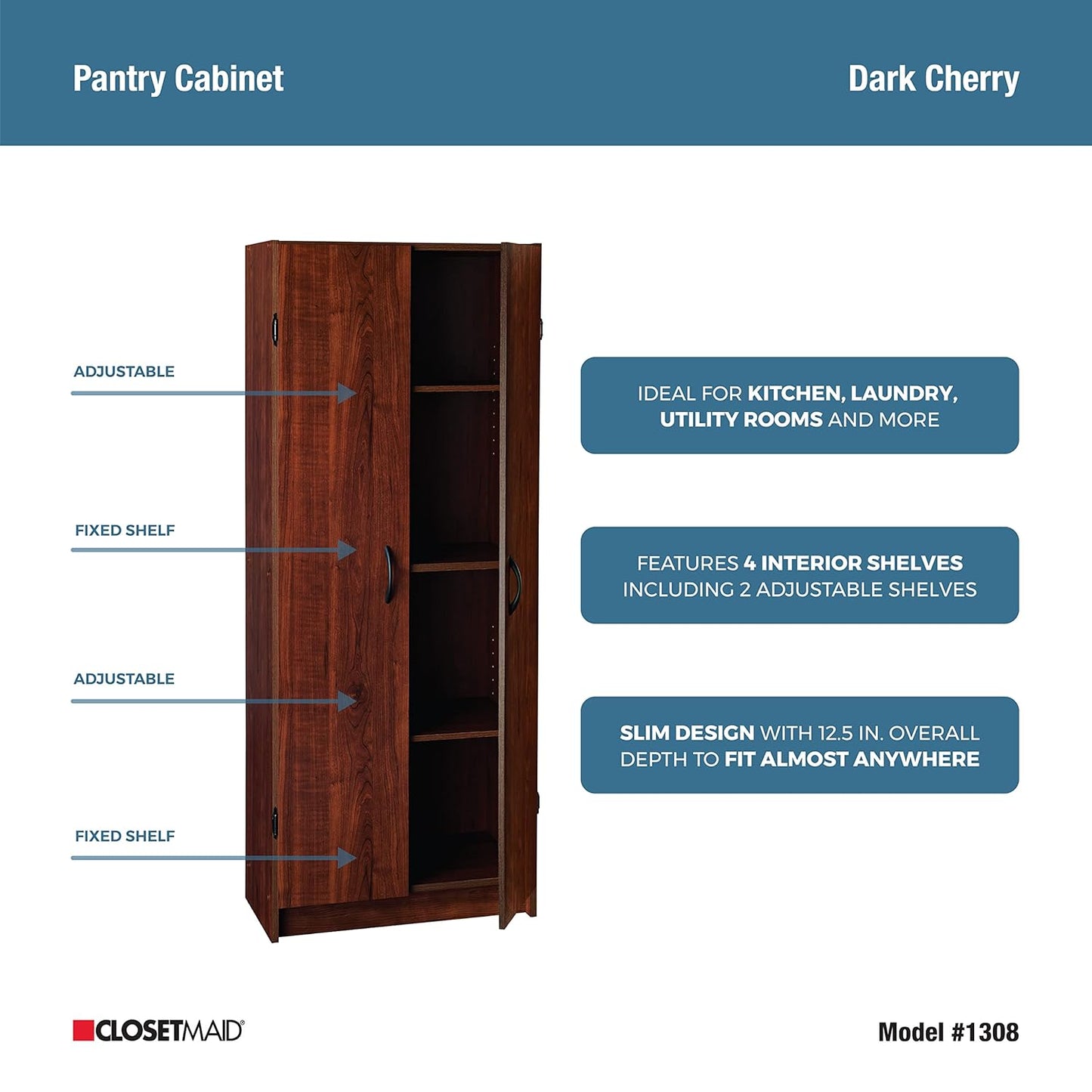 NEW - ClosetMaid Pantry Cabinet Cupboard with 2 Doors Adjustable Shelves, Standing - Retail $133