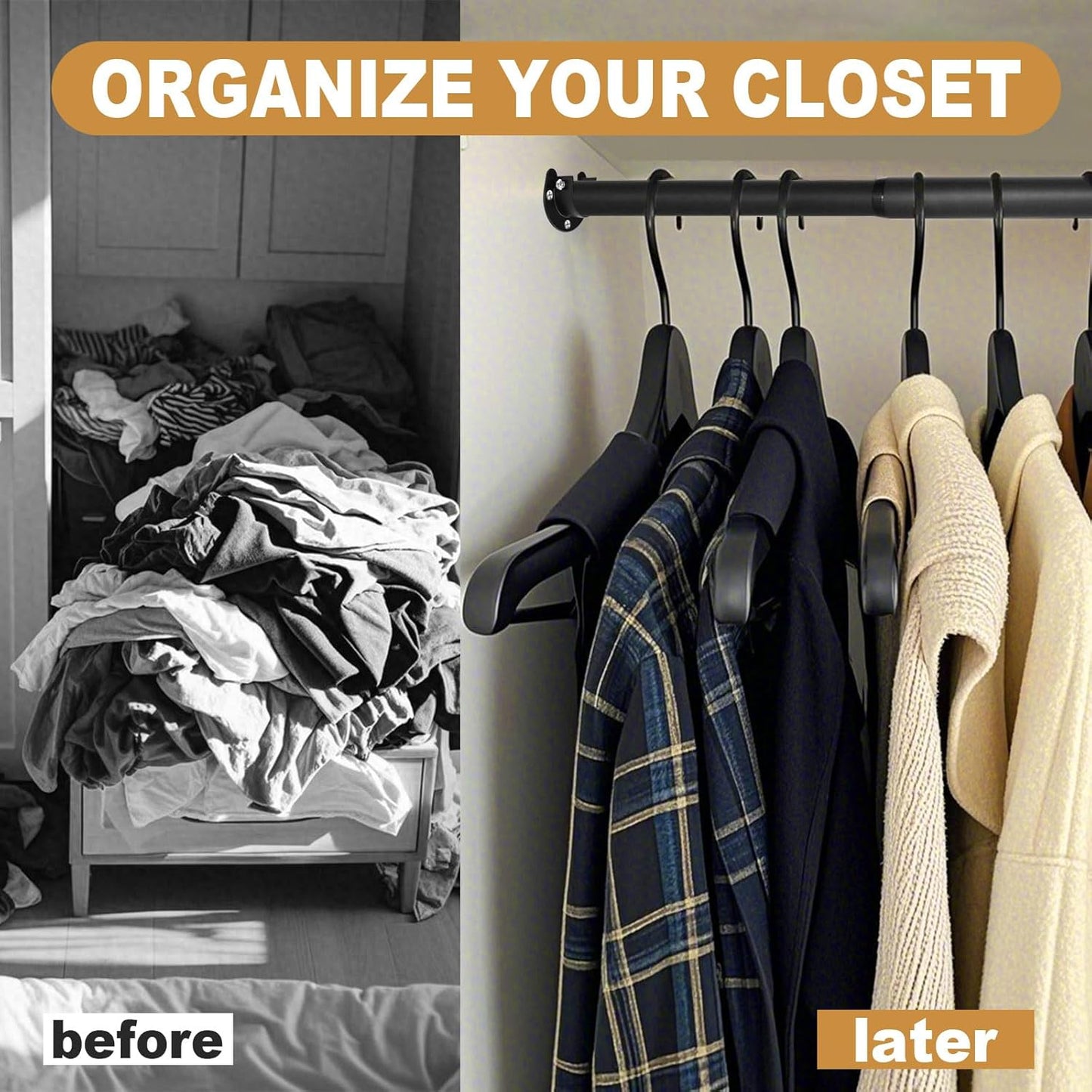 Closet Rod, 17 to 40 Inch Closet Rods for Hanging Clothes, 1.3 Inch Diameter Stepless Adjustable Clothes Hanging Rod, Black Heavy Duty Hanging Bar for Closet Wardrobes Bathroom Laundry