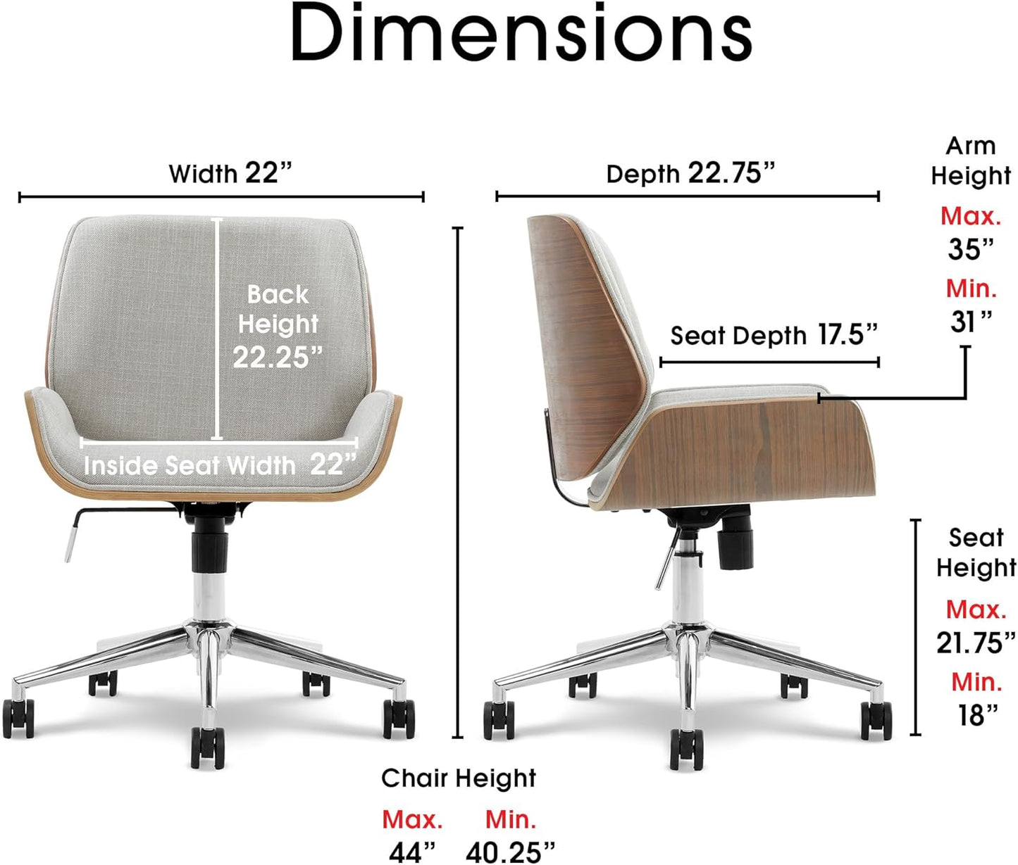 NEW - Elle Decor Ophelia Home Office Desk Chair, Mid Century Modern Bentwood Style, Ergonomic Curved Low-Back and Seat, Armless Design, Chrome Swivel Base, Upholstered in Woven Fabric, Light Gray - Retail $179