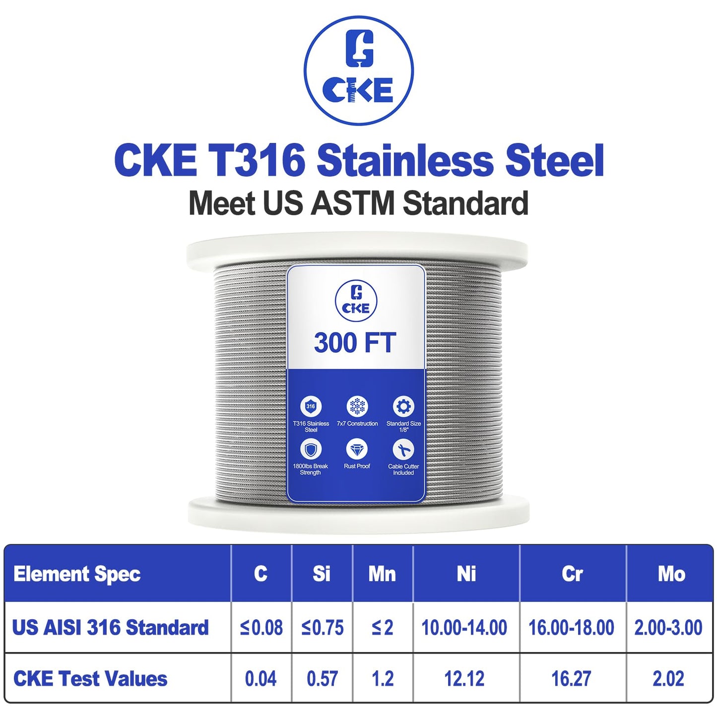 CKE 300FT 1/8" Stainless Steel Cable Railing System Hardware, T316 Stainless Steel Wire Rope Cable for Deck Cable Railing Kits, 7x7 Strands Construction Aircraft Cable Wire Rope, DIY Balustrades CW600