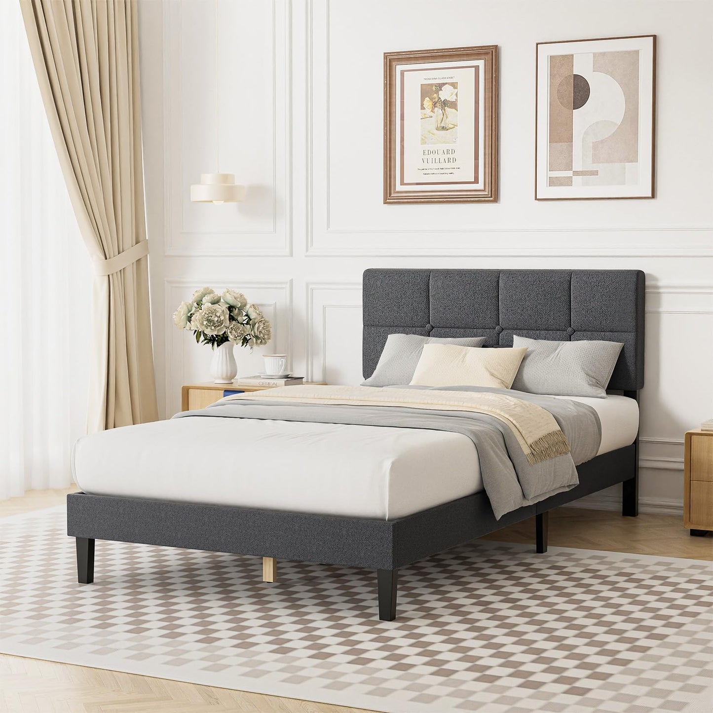 Twin Bed Frame with Adjustable Height Headboard, Dark Grey