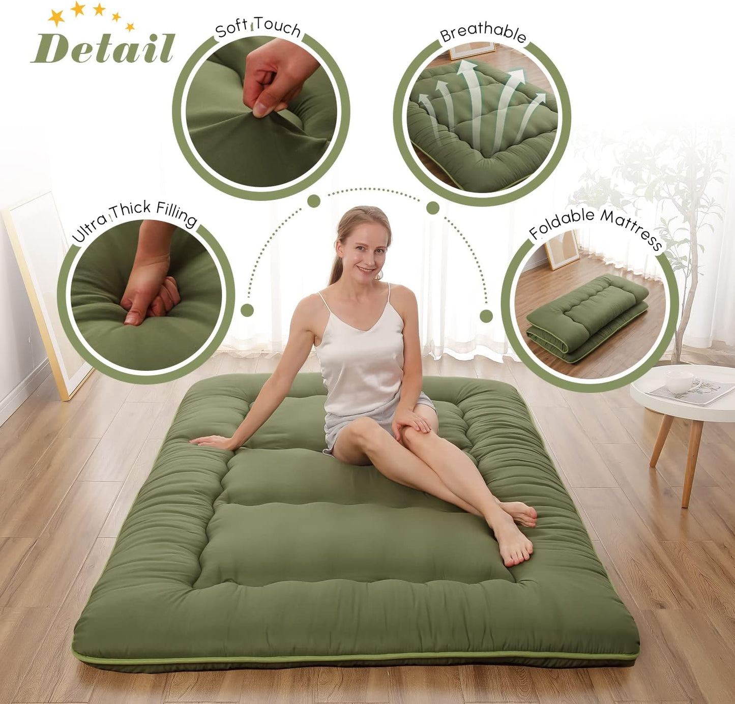 NEW - Japanese FULL Floor Mattress, Futon Mattress with Portable Storage Bag and Washable Cover, Roll Up Thick Tatami Mat Suitable for Camping, Guest Room, Green
