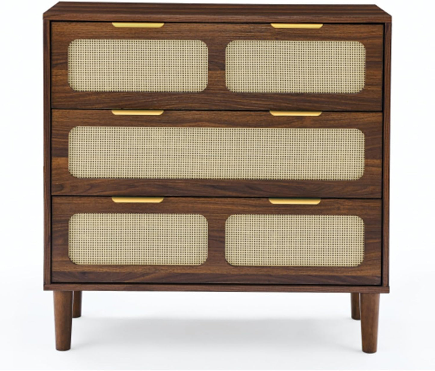 NEW - SPOFLYINN 3 Rattan Drawer Dresser with 3 Wide Drawers, Metal Handles Modern Rattan Dresser Cabinet for Bedroom, Living Room, Hallway, Entrance Farmhouse Storage Drawer Chest Walnut As Shown - Retail $260