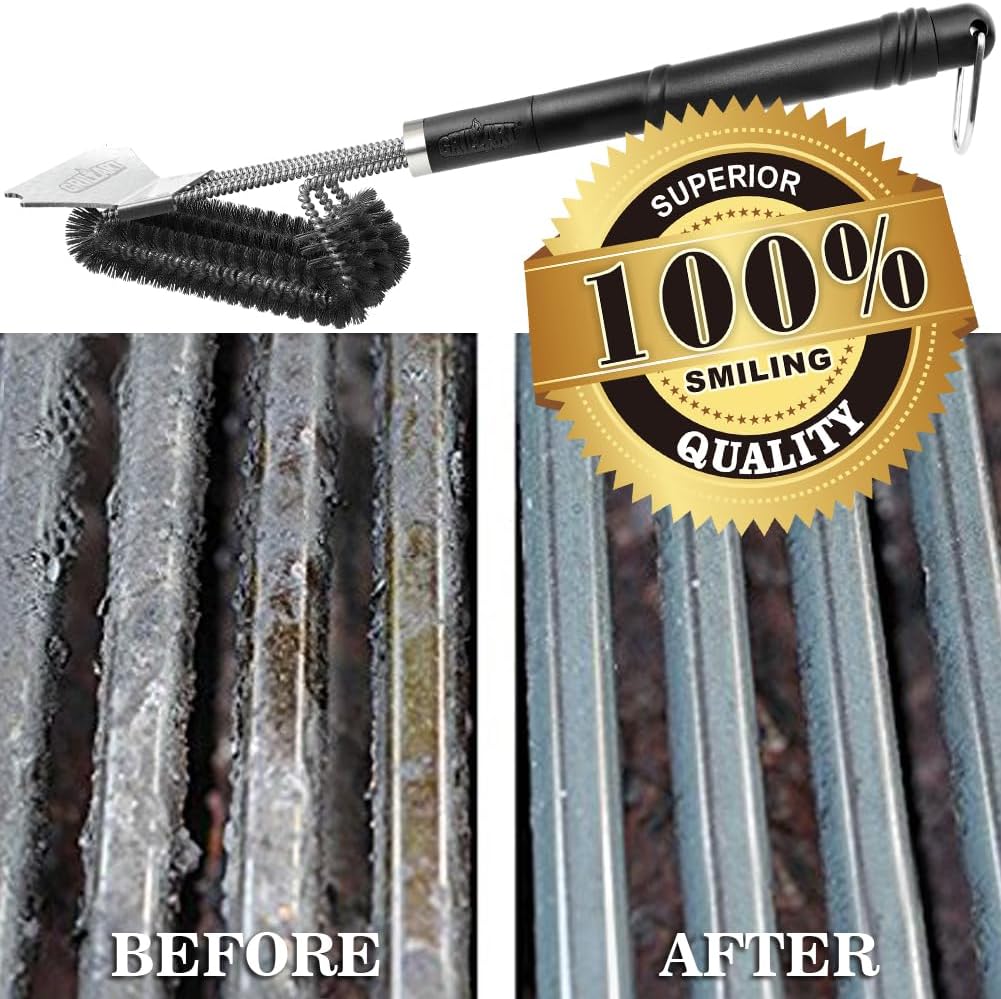 GRILLART Grill Brush and Scraper Tightly-Woven 3 in 1 Wire Bristles, Safe 18” Long Handle Heavy-Duty Stainless Cleaning Tool, Outdoor Grill Barbecue Cleaner BBQ Accessories, Gifts for Men Dad, BR-4516