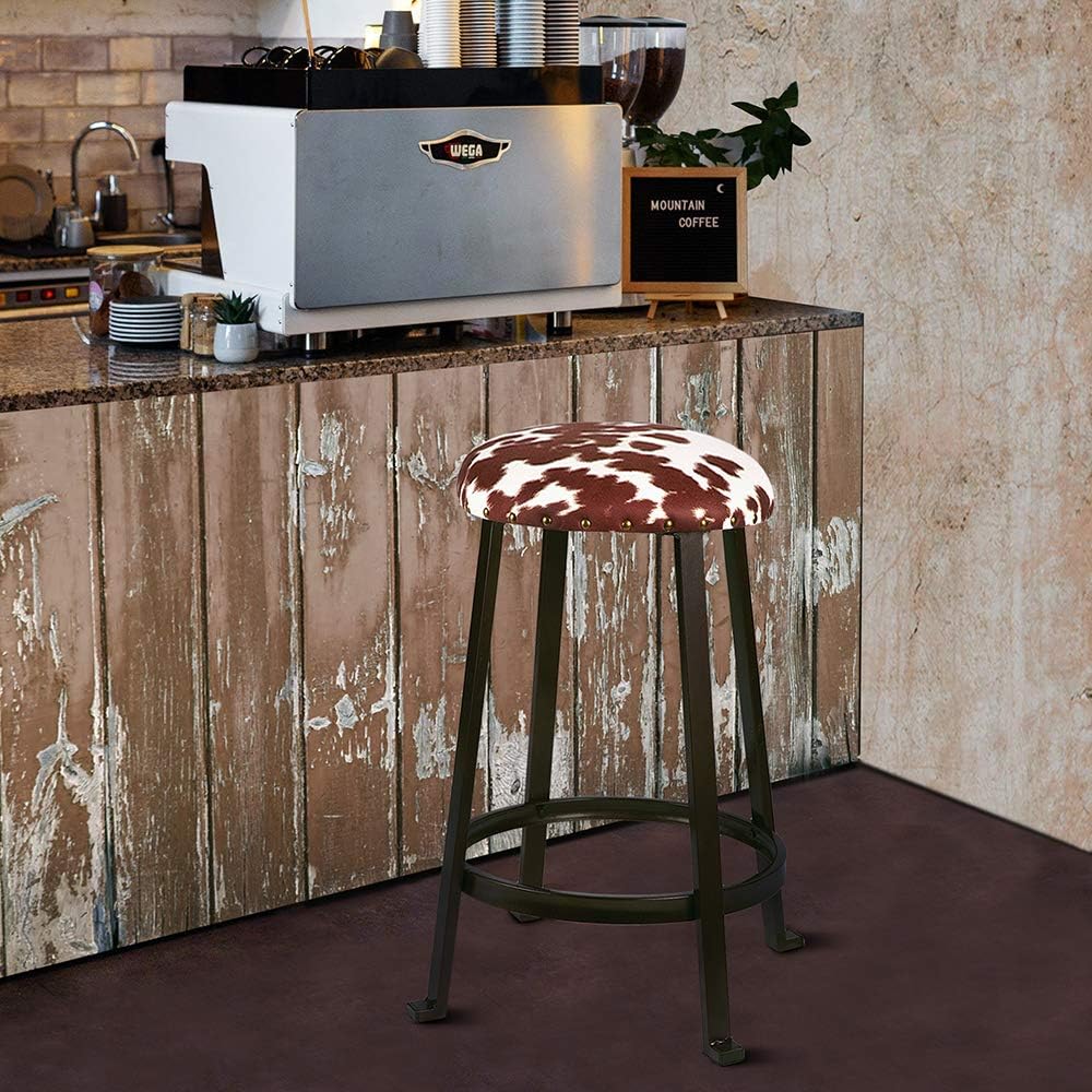 NEW - GIA 24-Inch Counter Height Round Metal Bar Stools with Shorthorn Cowhide Print Linen Upholstery, Bronze, Set of 2 - Retail $93