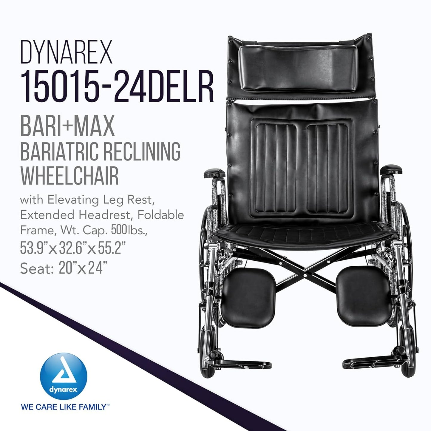 NEW - Dynarex Bari+Max Bariatric Reclining Wheelchair with Elevating Leg Rest, Extended Headrest, Foldable Frame - 24" Seat, 500 Pounds Weight Capacity - Retail $715