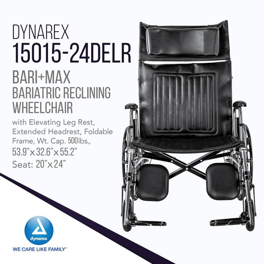 NEW - Dynarex Bari+Max Bariatric Reclining Wheelchair with Elevating Leg Rest, Extended Headrest, Foldable Frame - 24" Seat, 500 Pounds Weight Capacity - Retail $715