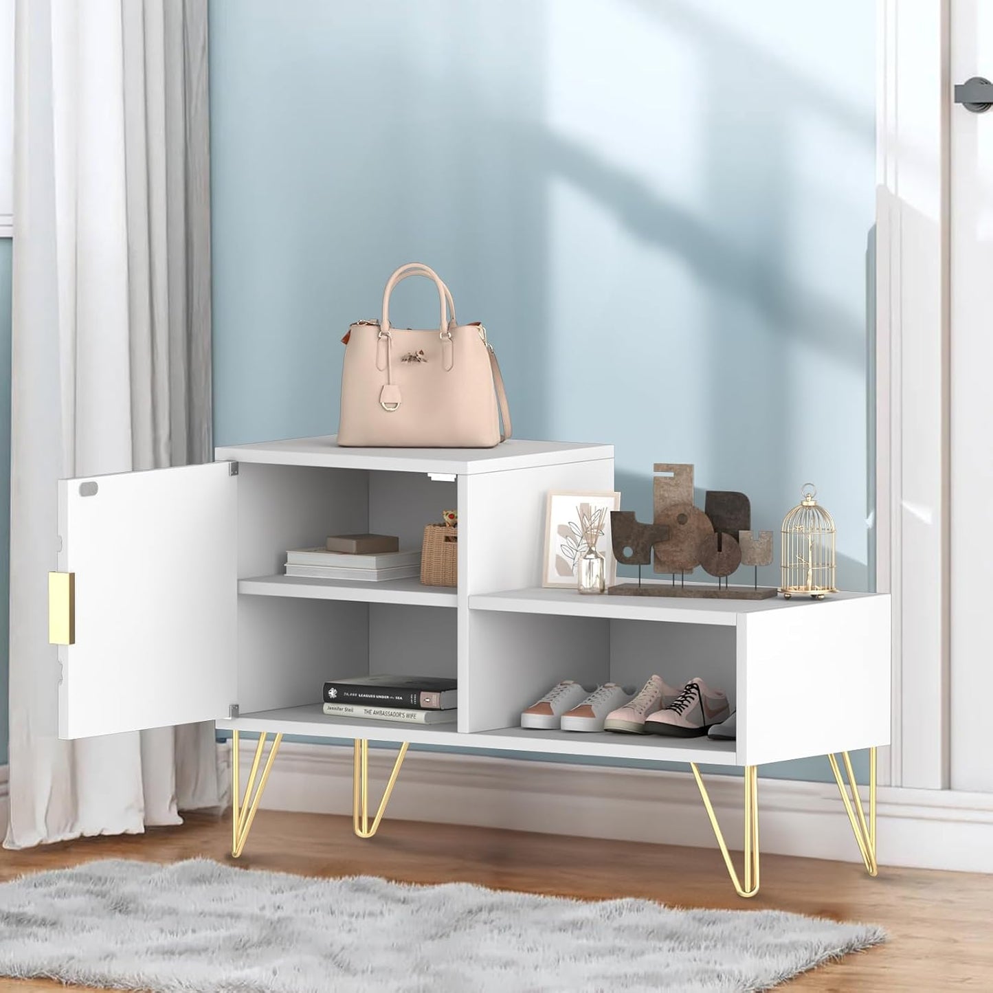 yoyomax Storage Bench with 2 Compartments & Adjustable Shelf, Holds up to 350lb Shoe Rack for Entryway/Hallway(30in, White)