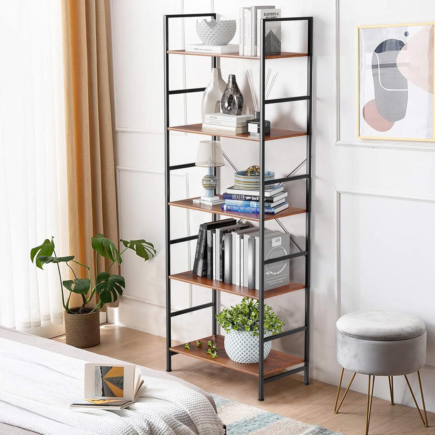 NEWBULIG Bookshelf, Bookcase with 5 Tiers, Metal Frame Bookcase, Tall Bookcase Storage Organizer, Modern Bookcase Open Shelves Display Rack for Home, Office, Living Room, Bedroom, Rust - Retail $0