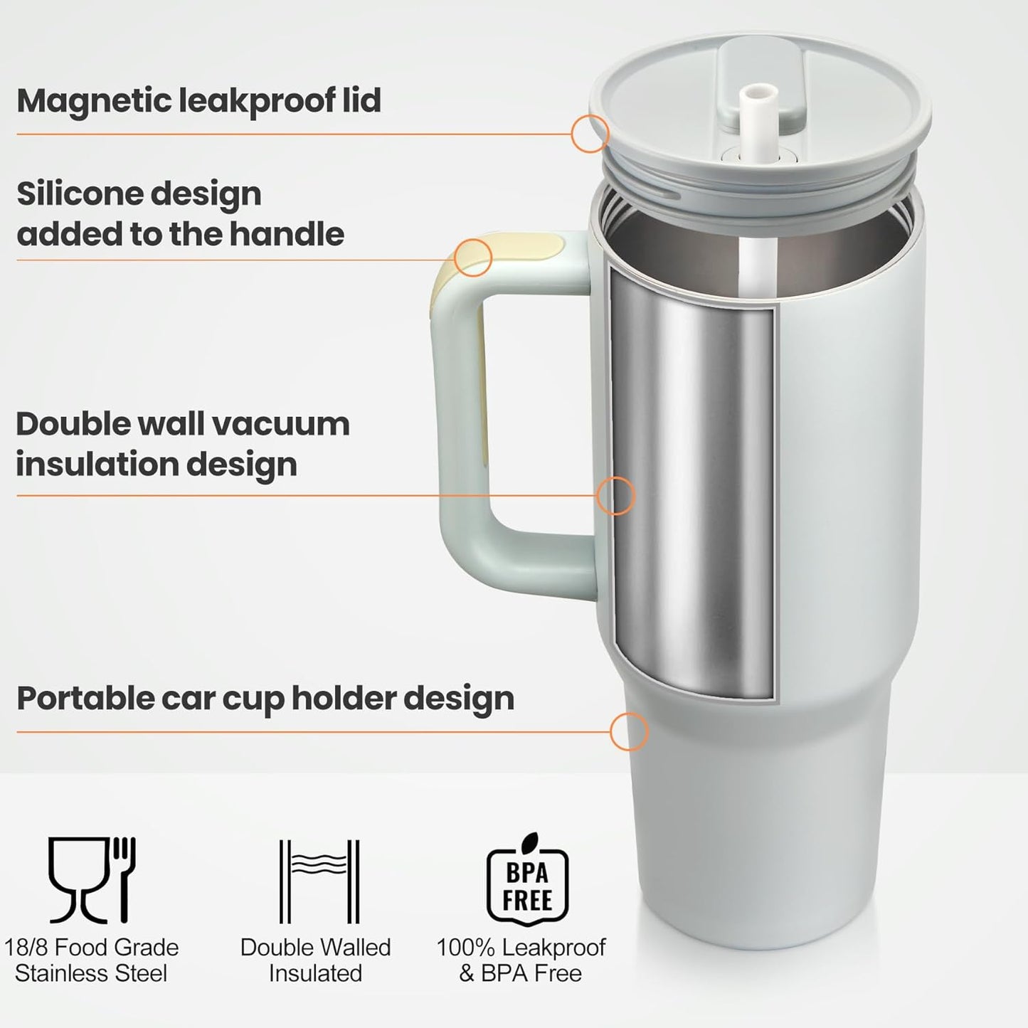 40 oz Tumbler with Handle and Magnetic Straws Lid, Stainless Steel Insulated cups 100% Leakproof Travel Coffee Mug, Grey